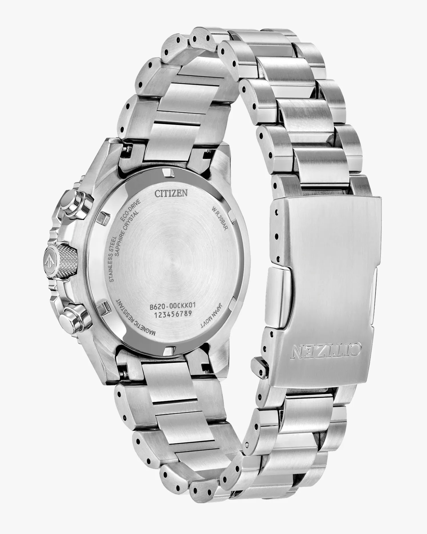 the case back and steel bracelet of a Citizen watch