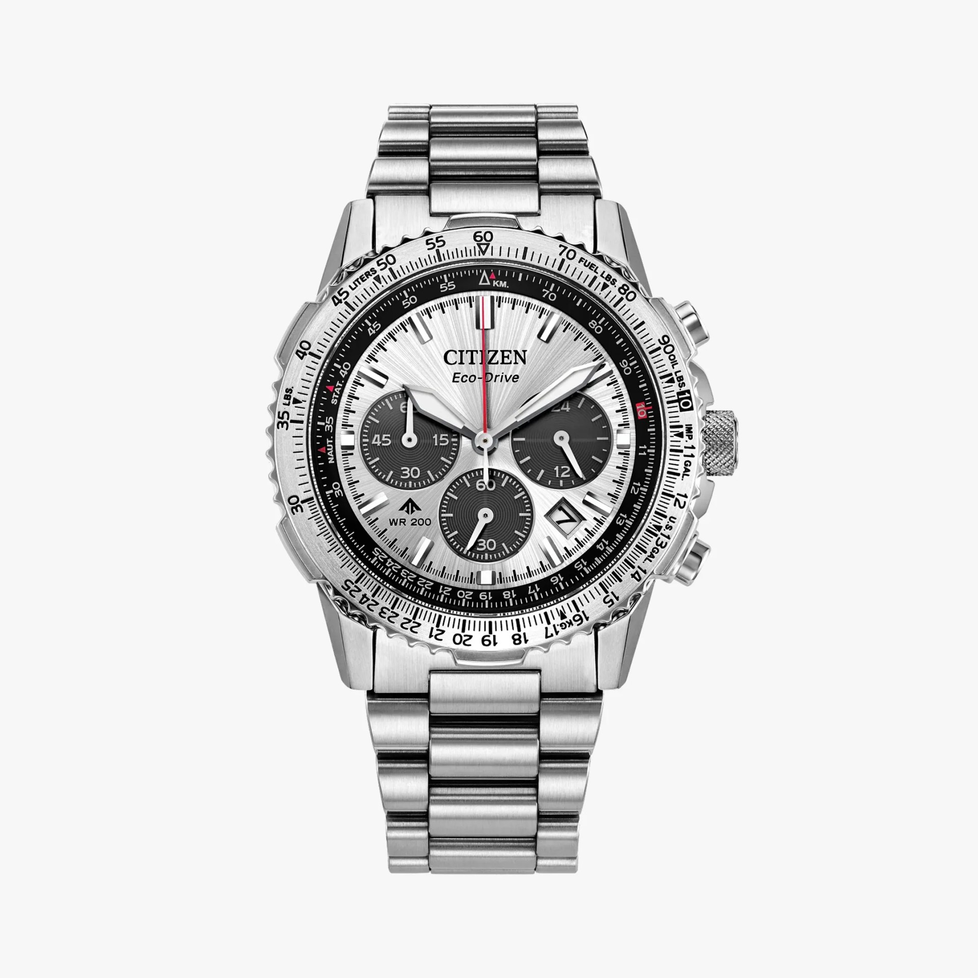 a silver Citizen chronograph watch with steel band