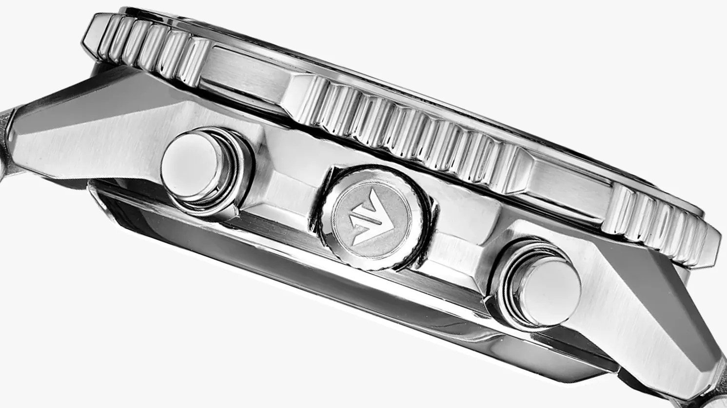 side view of a watch case and crown