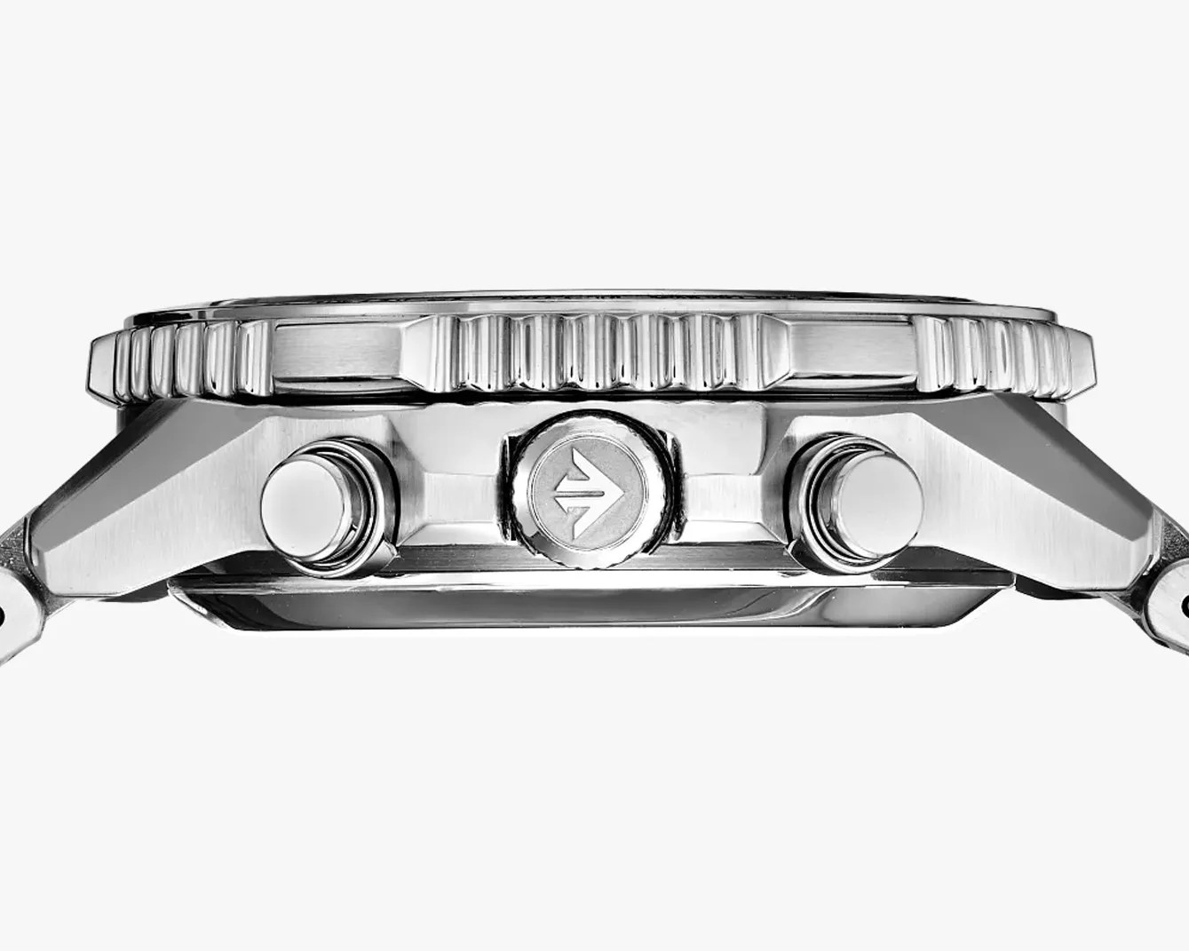 the crown and pushers on a steel chronograph watch