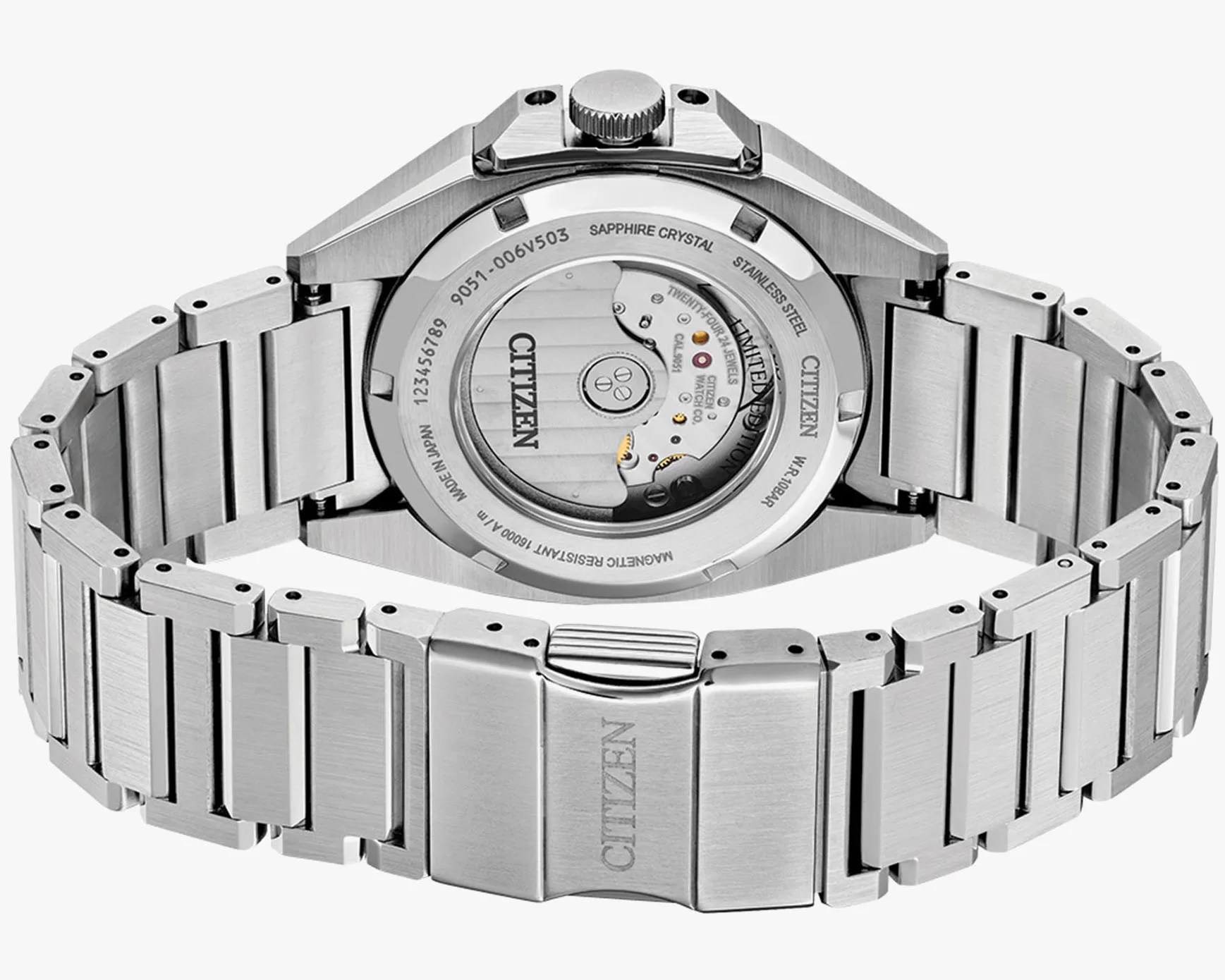 the exhibition case back and steel bracelet of a Citizen watch