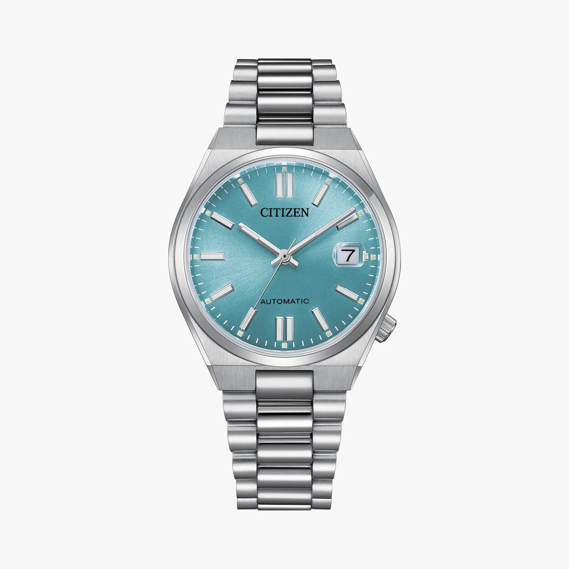 a steel citizen watch with a light blue dial