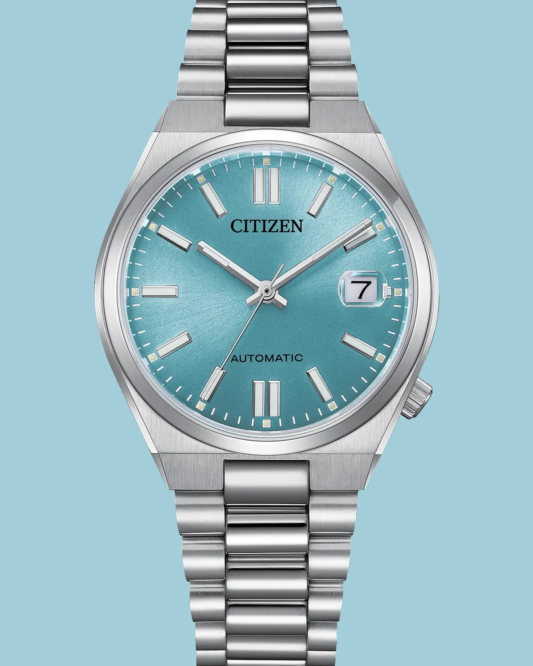 a steel watch with a light blue dial
