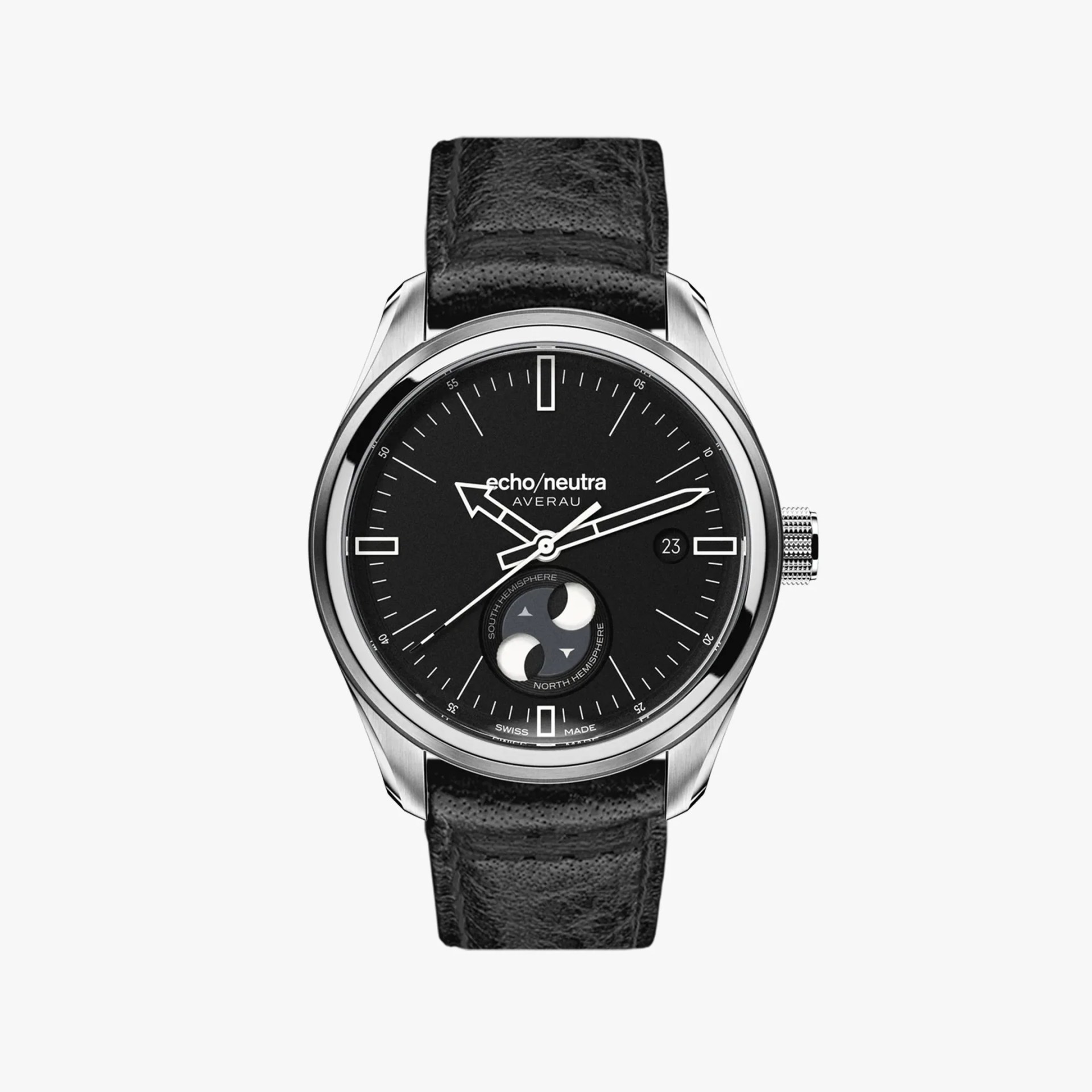 a black moon phase watch with a black leather strap