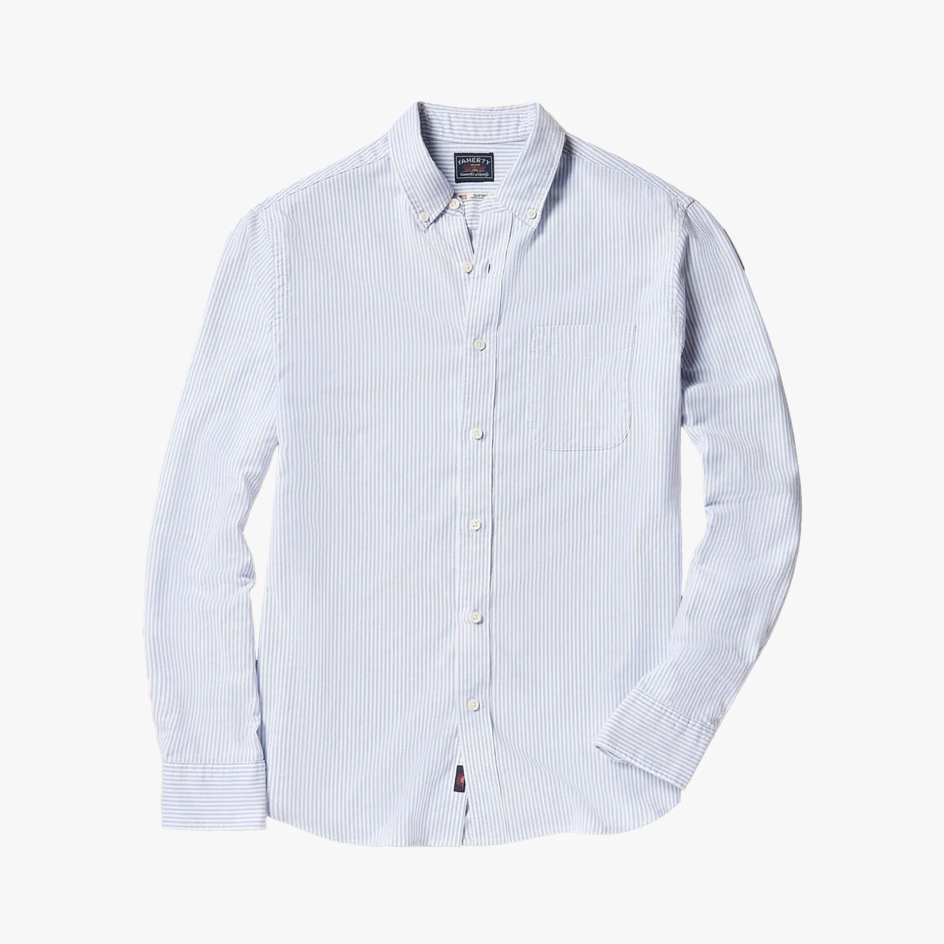 a blue and white striped oxford shirt