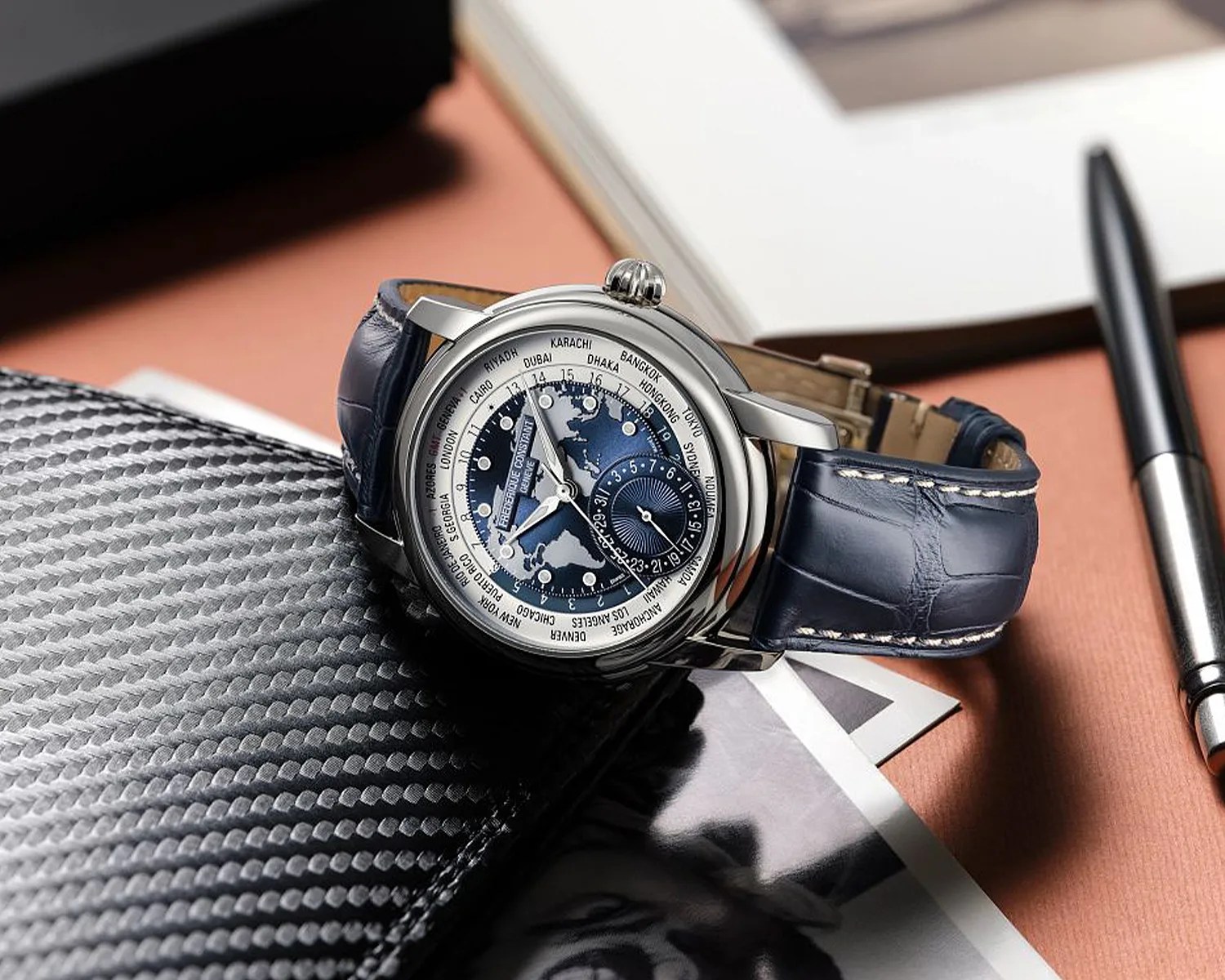 a Frederique Constant watch on a desk