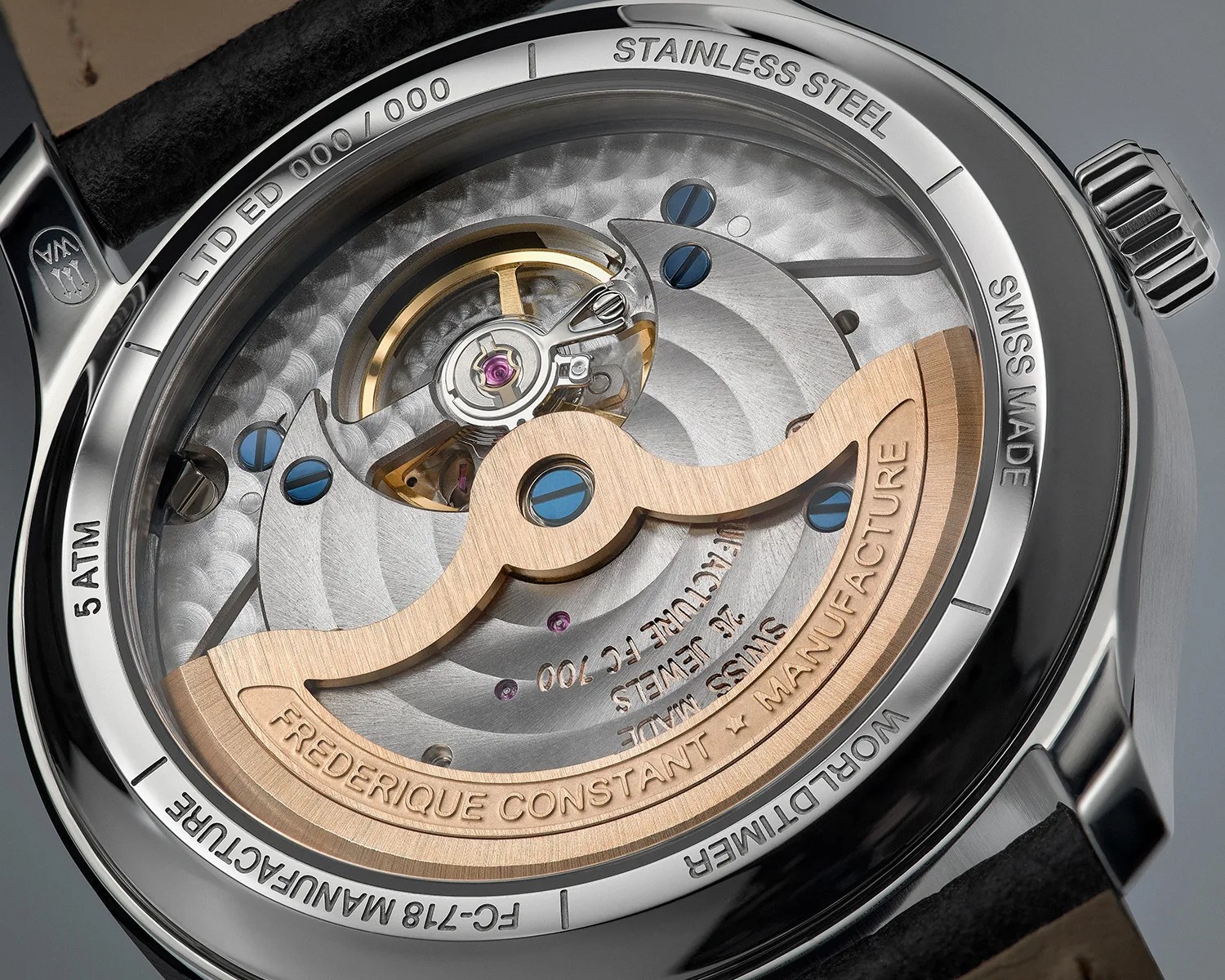 the display caseback on a Frederique Constant watch showing an automatic movement