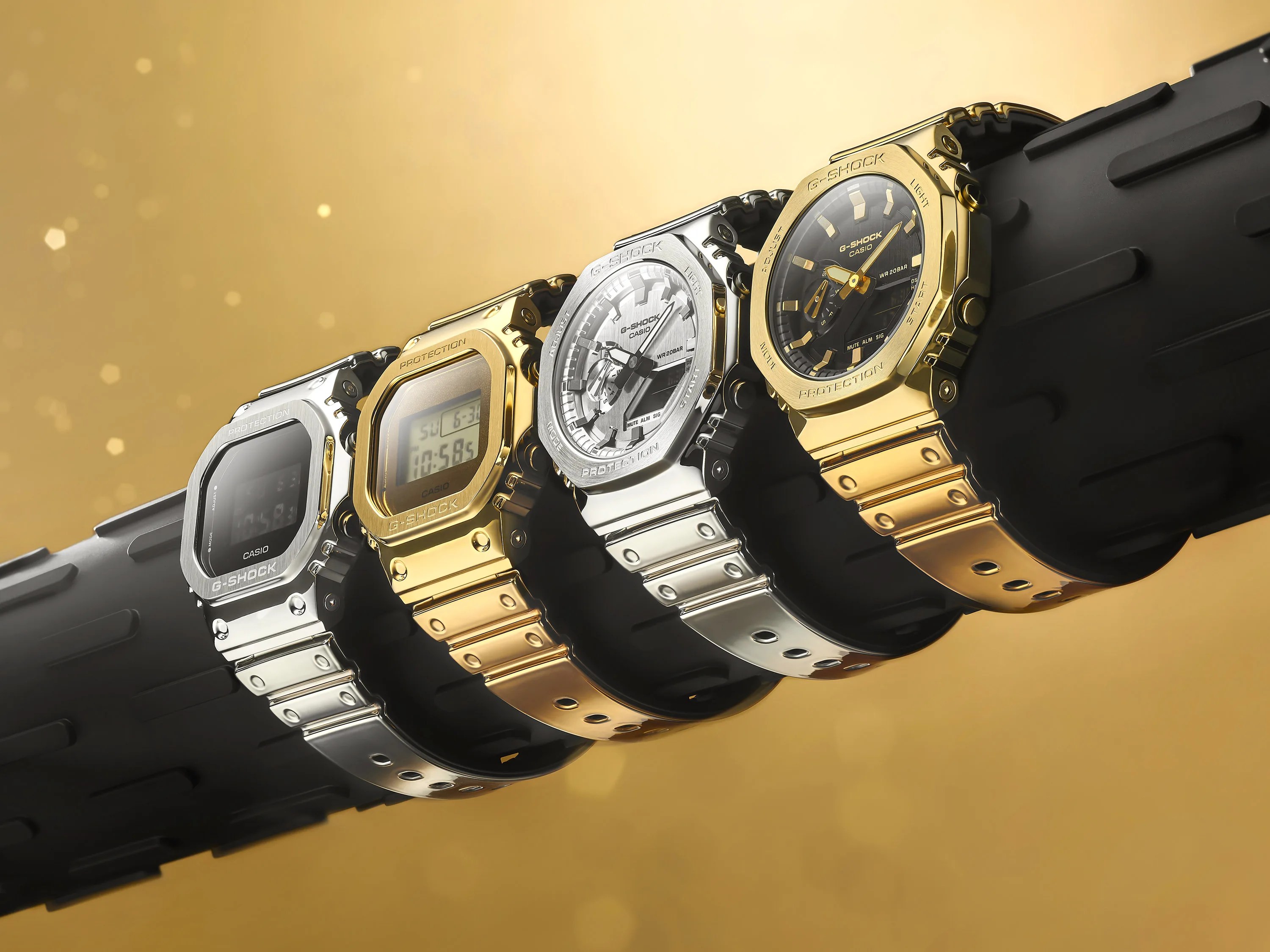 four casio g-shock watches strapped to black tube