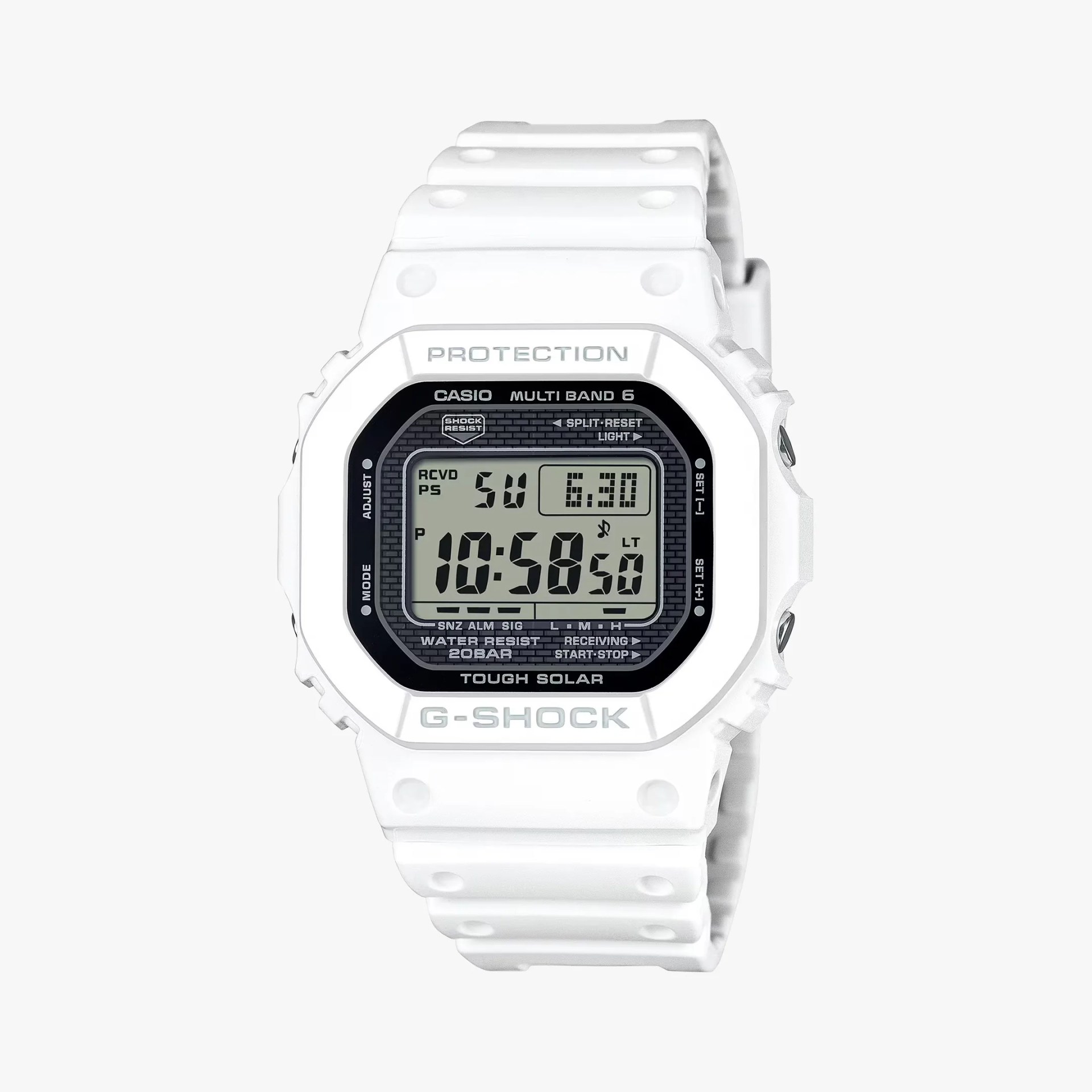 a white casio g-shock digital watch