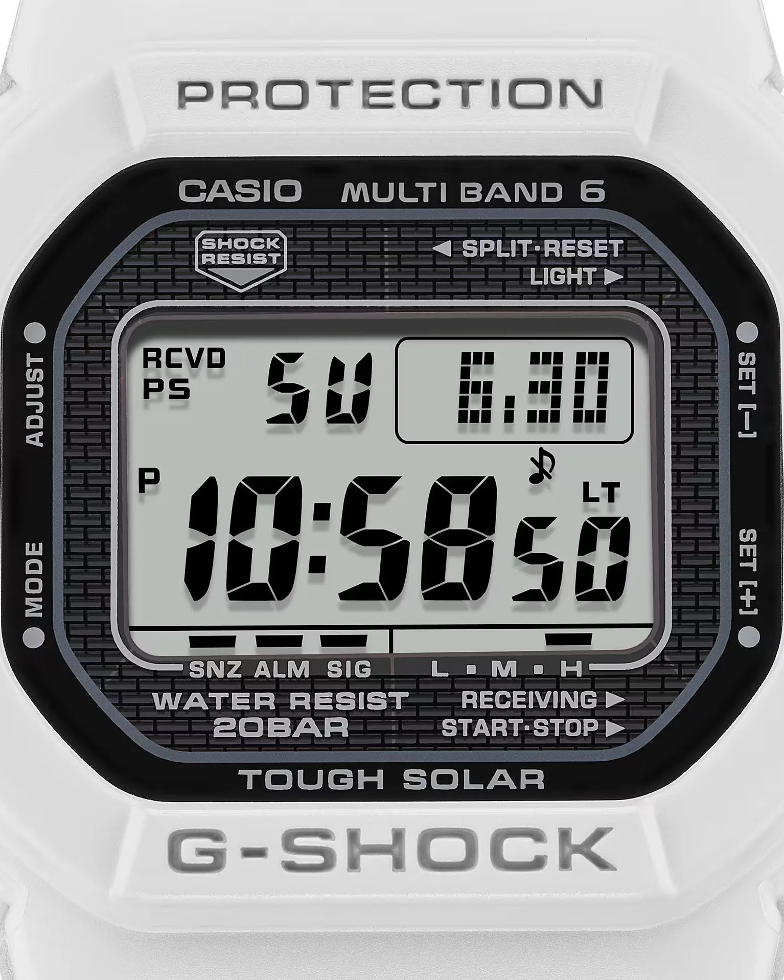 the black dial of a white digital g-shock watch