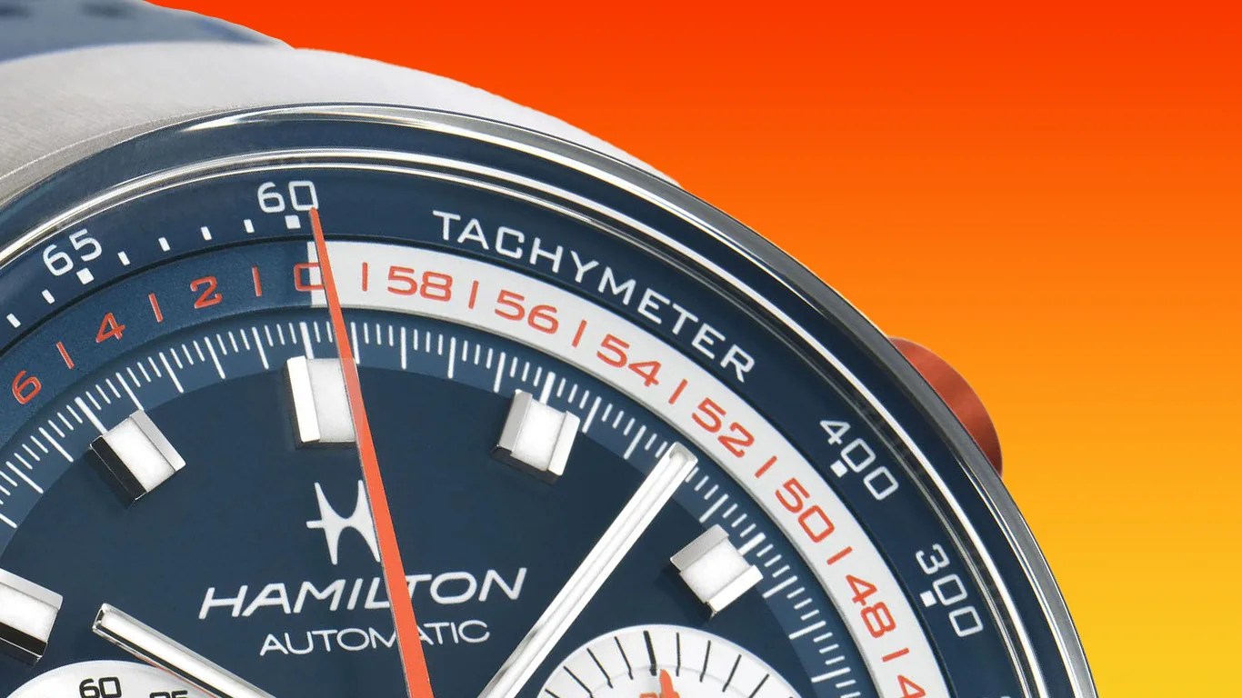 a closeup of a hamilton chronograph watch dial