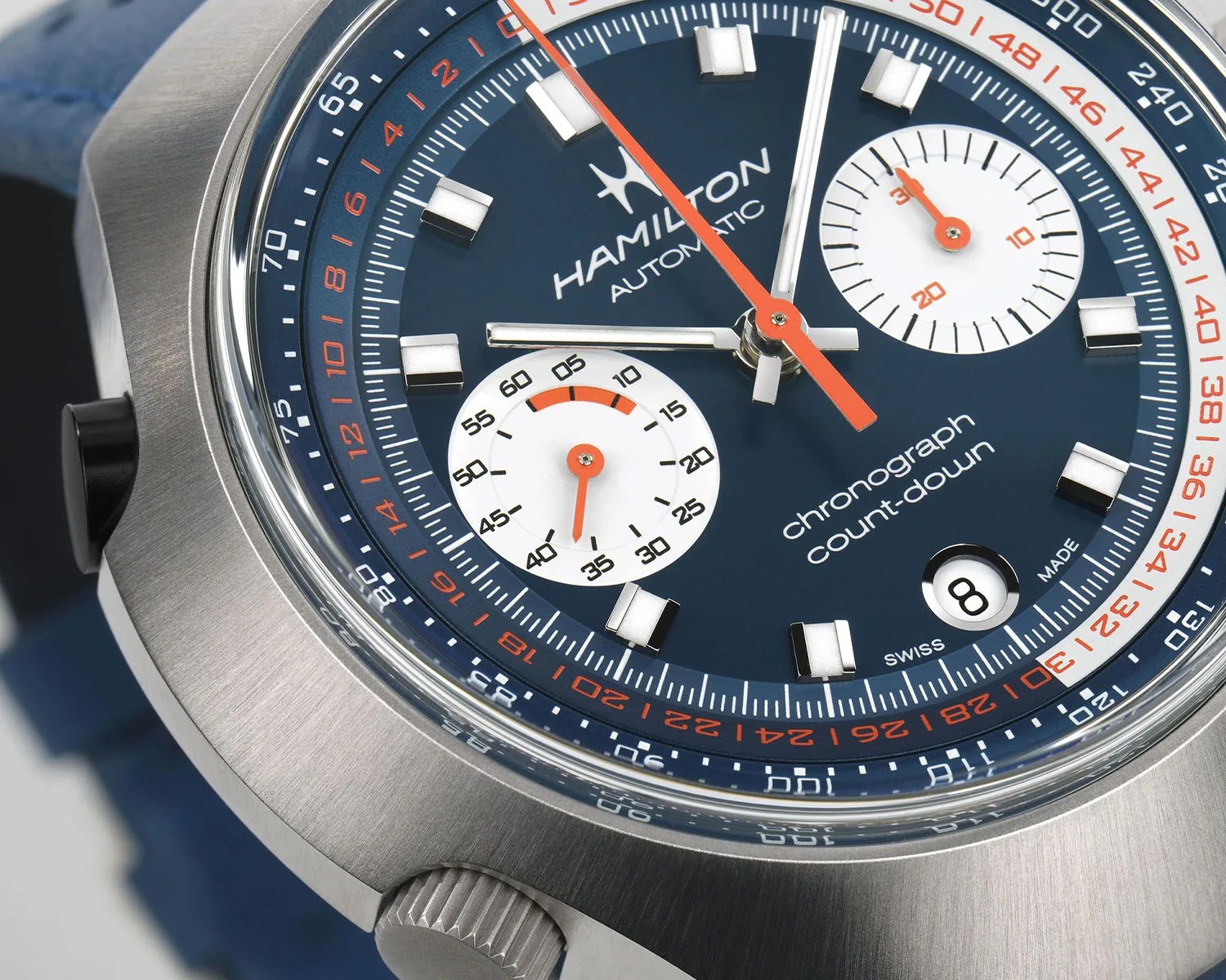 a closeup of a hamilton chronograph watch dial