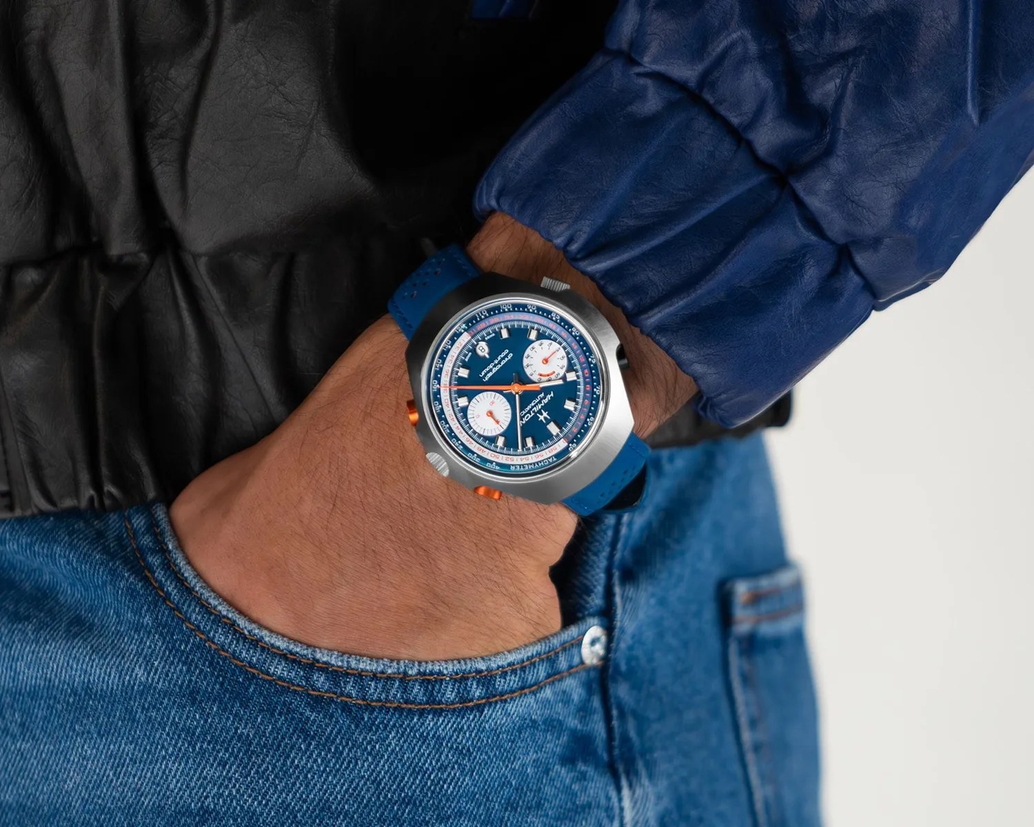 a hamilton chronograph watch on a mans wrist
