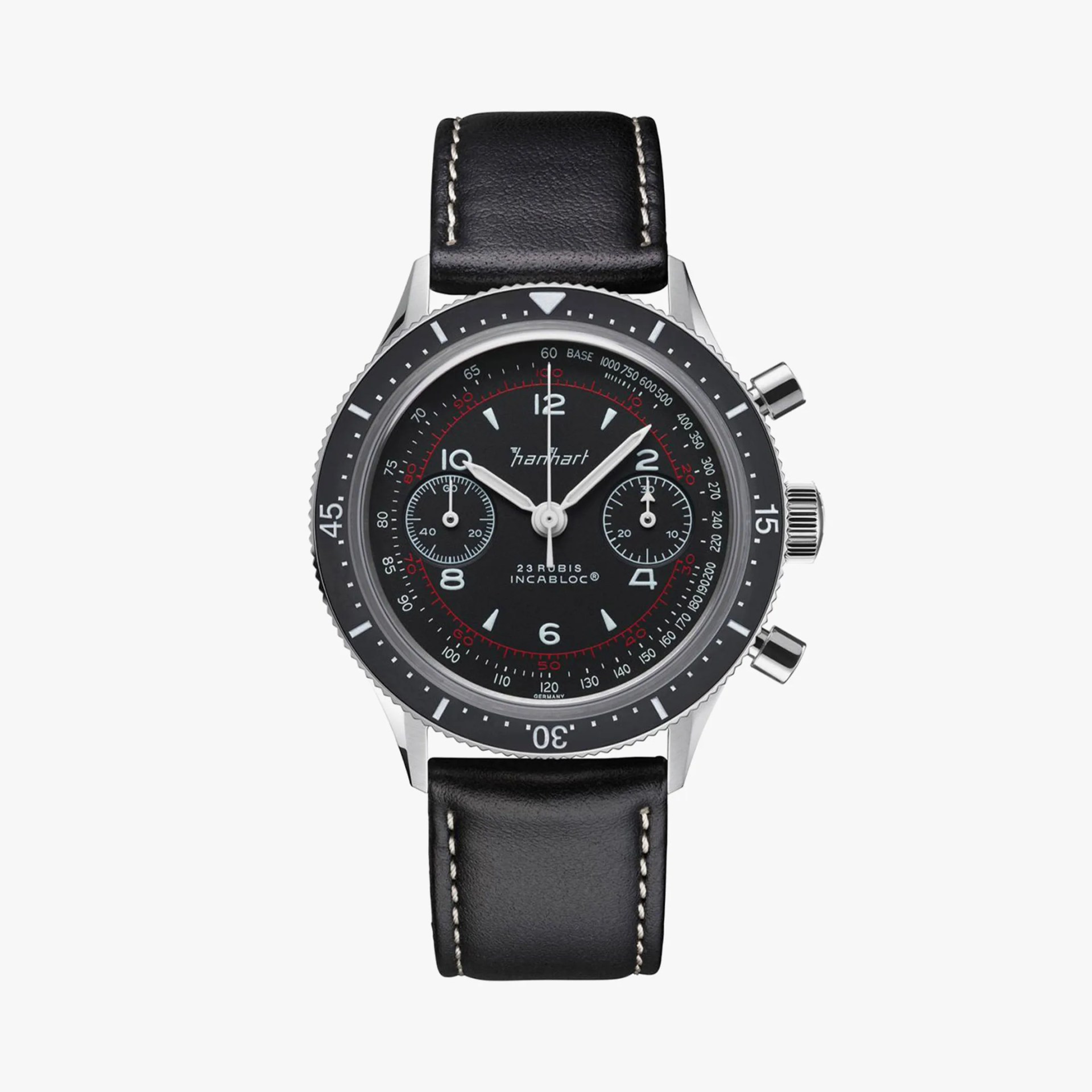 a black Hanhart pilot's chronograph watch with a black leather strap