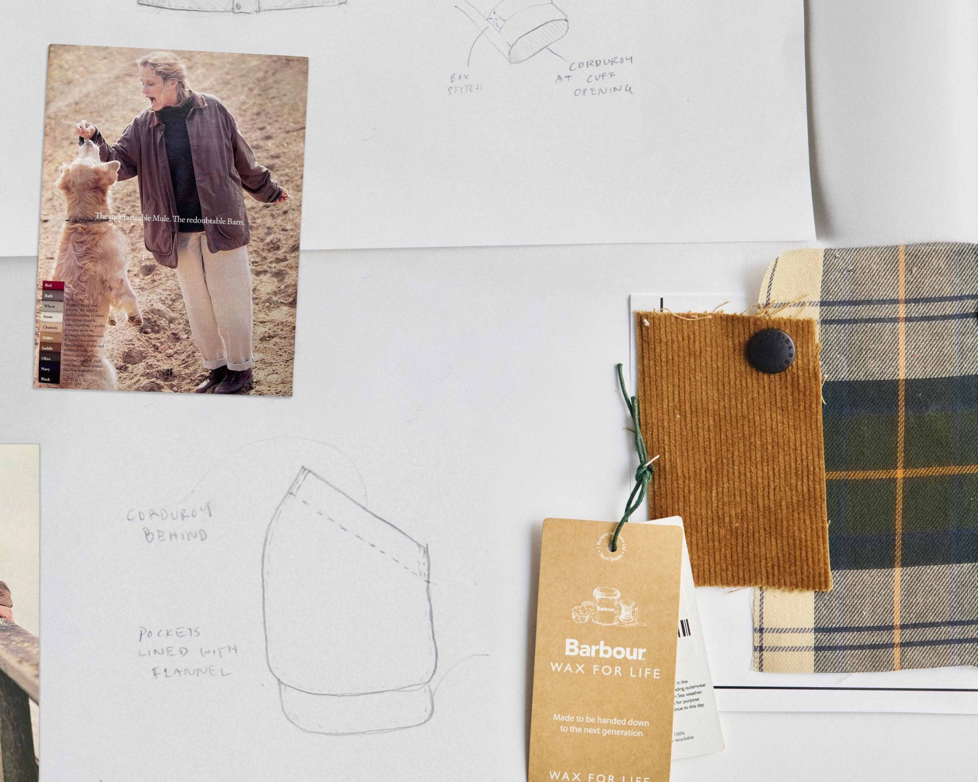 a mood board with a photo, drawings, and fabric swatches