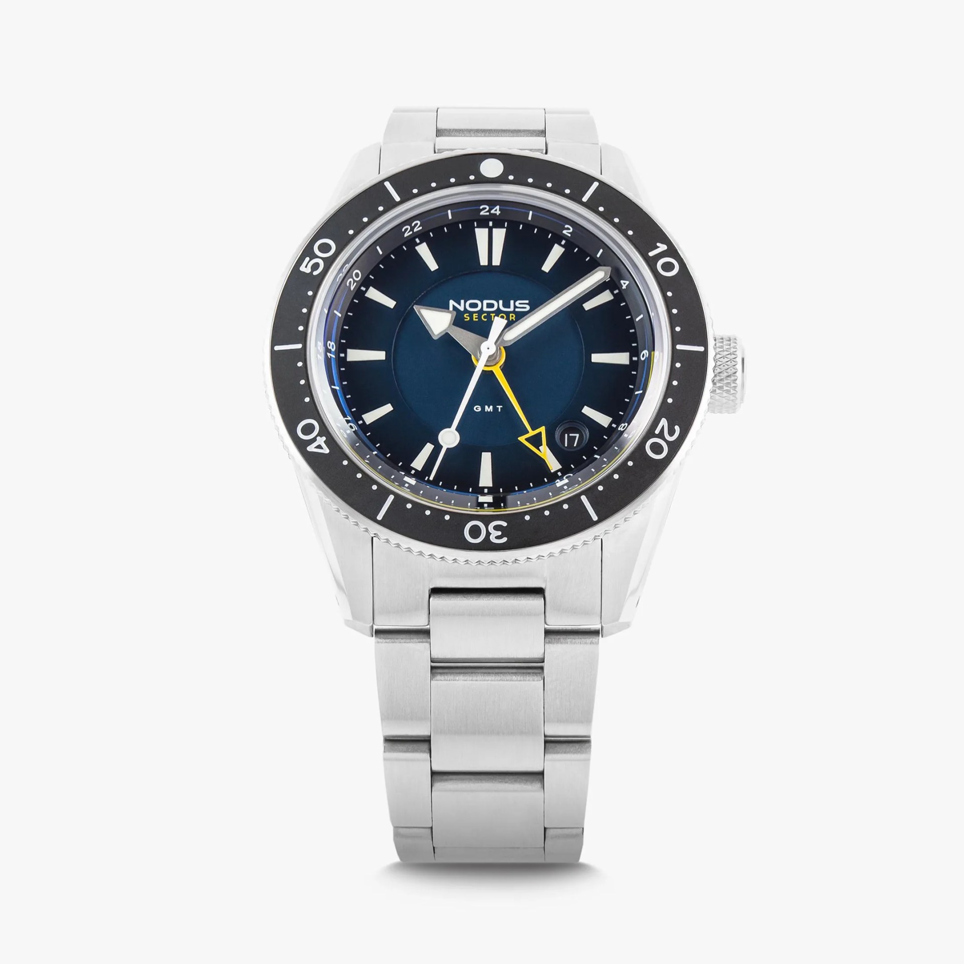 a steel dive watch with a blue dial