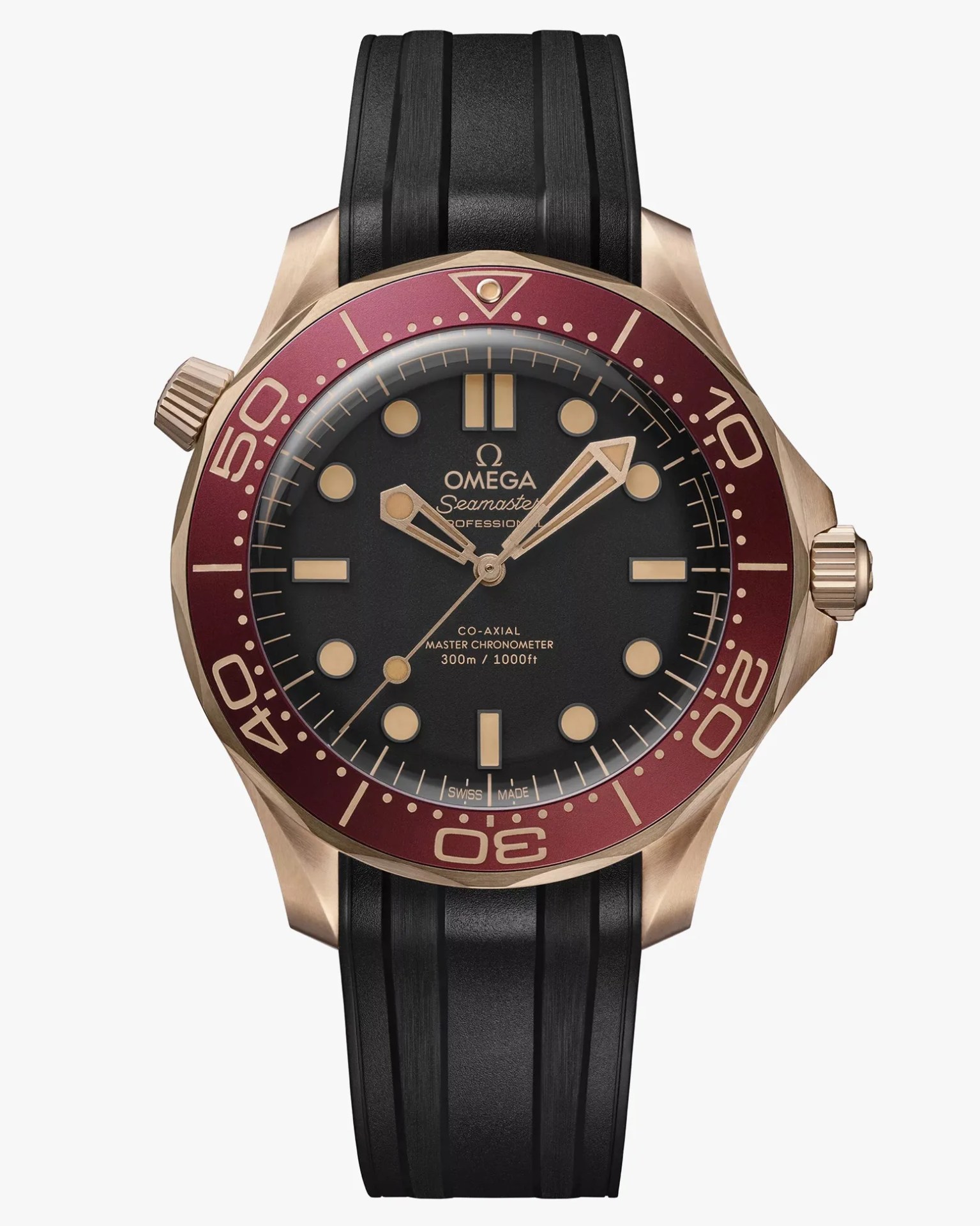 a gold omega dive watch with a black rubber strap