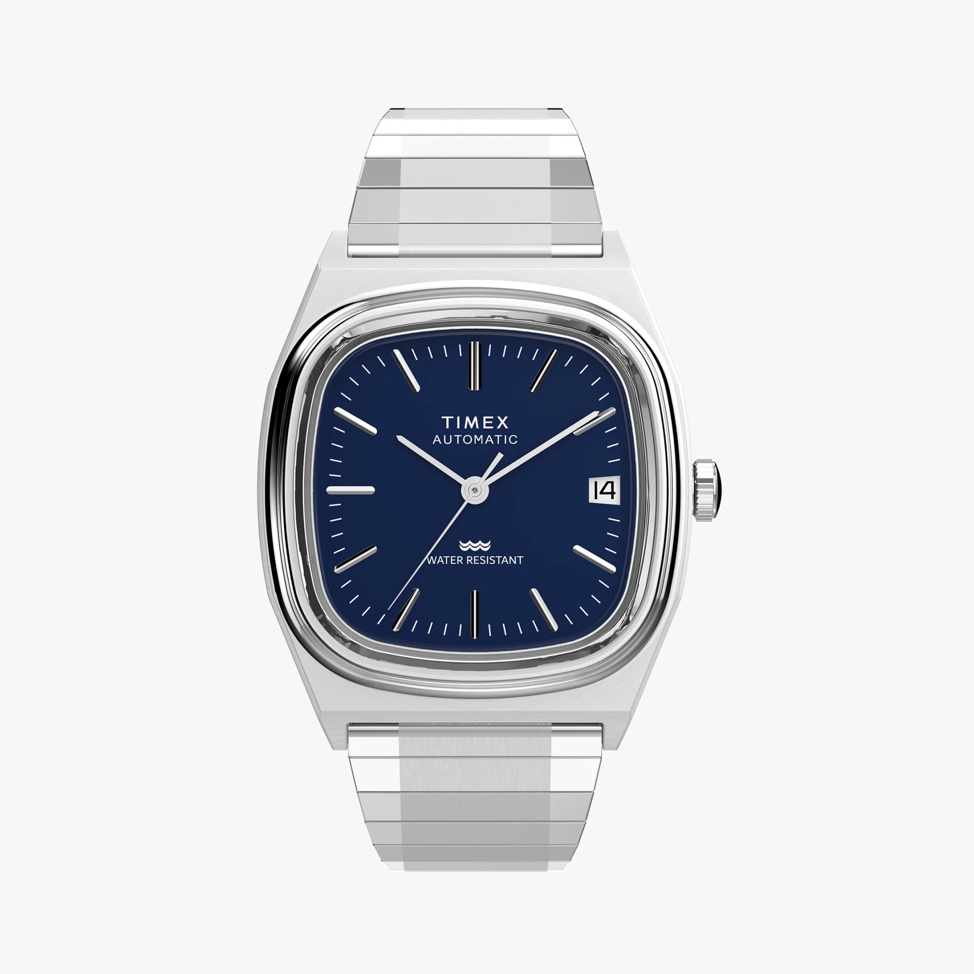 a silver timex watch with a blue dial