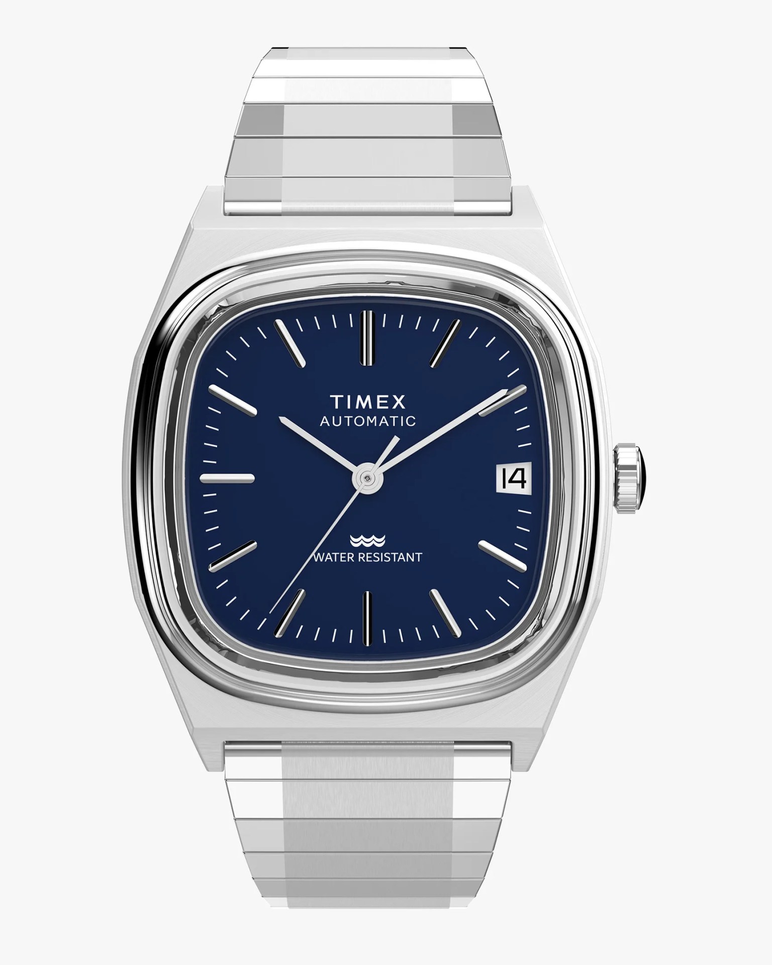 a dark blue dial on a silver Timex watch
