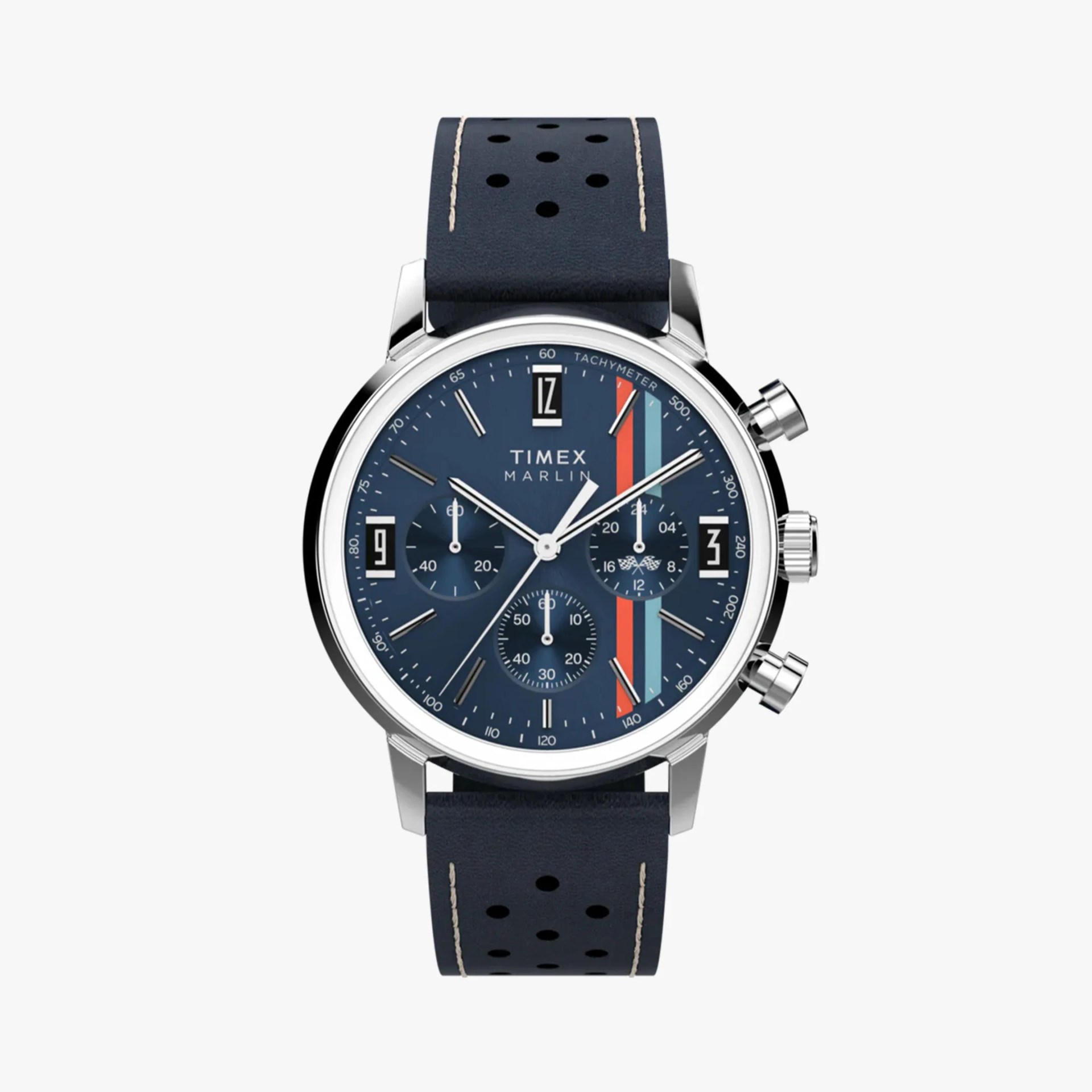 a blue chronograph watch on a blue leather strap