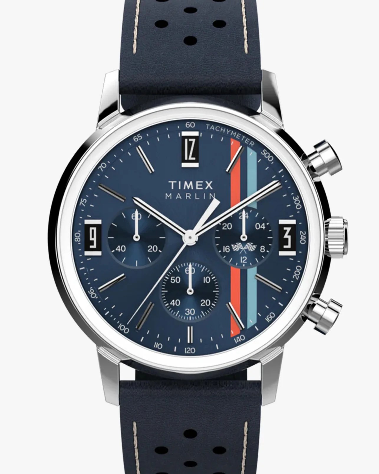 a blue chronograph watch on a blue leather strap
