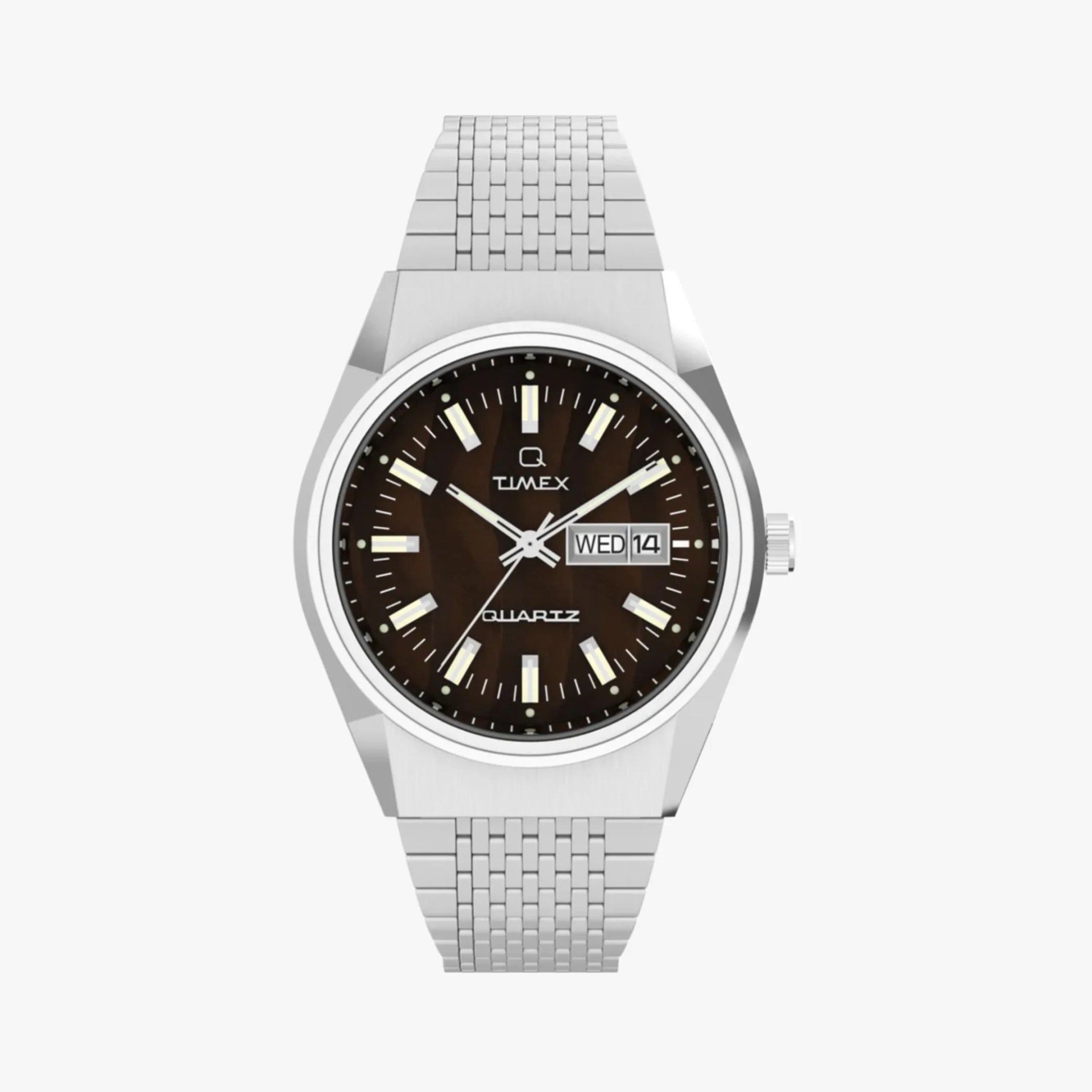 a silver timex quartz watch with a brown dial