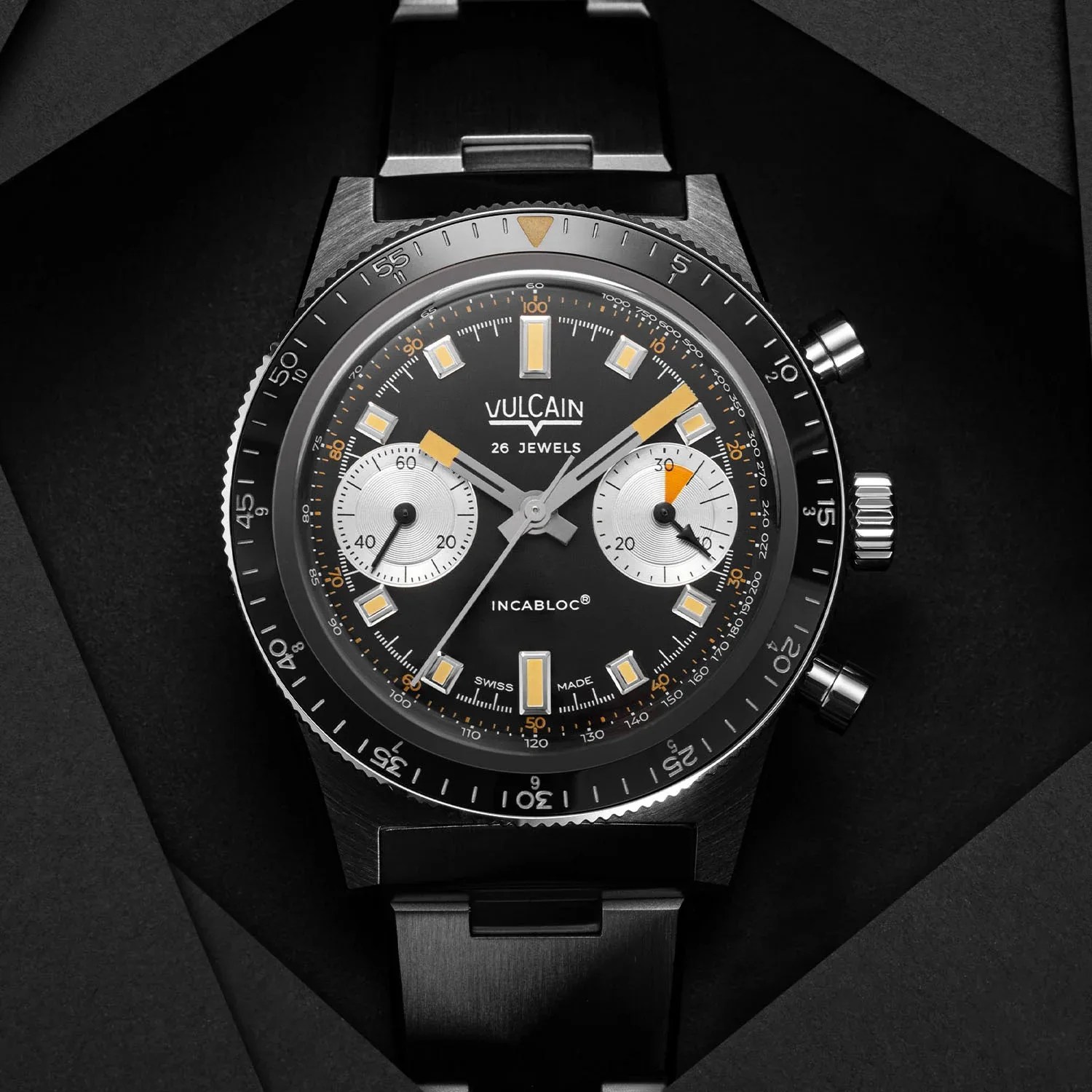 a Vulcain chronograph dive watch with a black dial