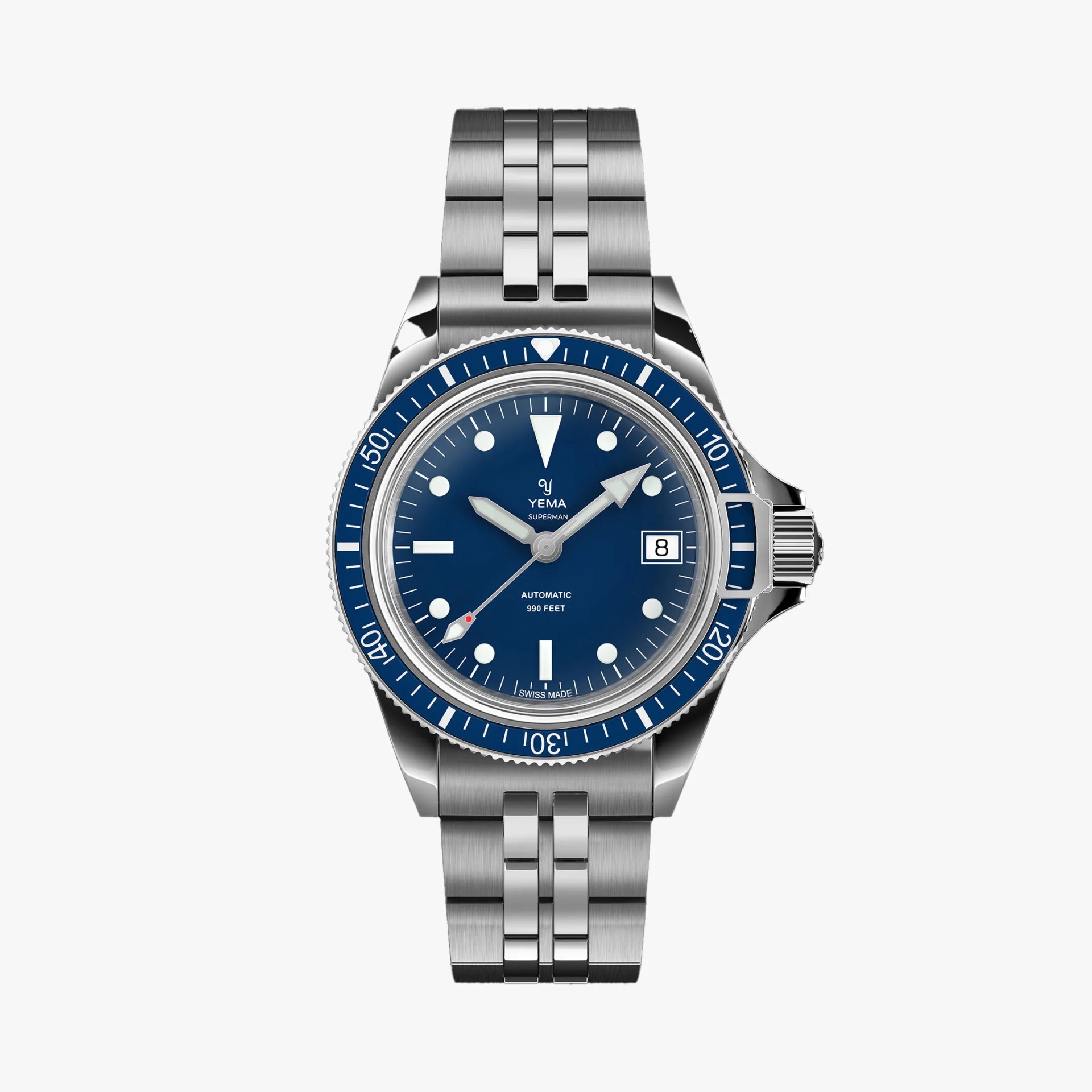 a steel dive watch with a blue dial