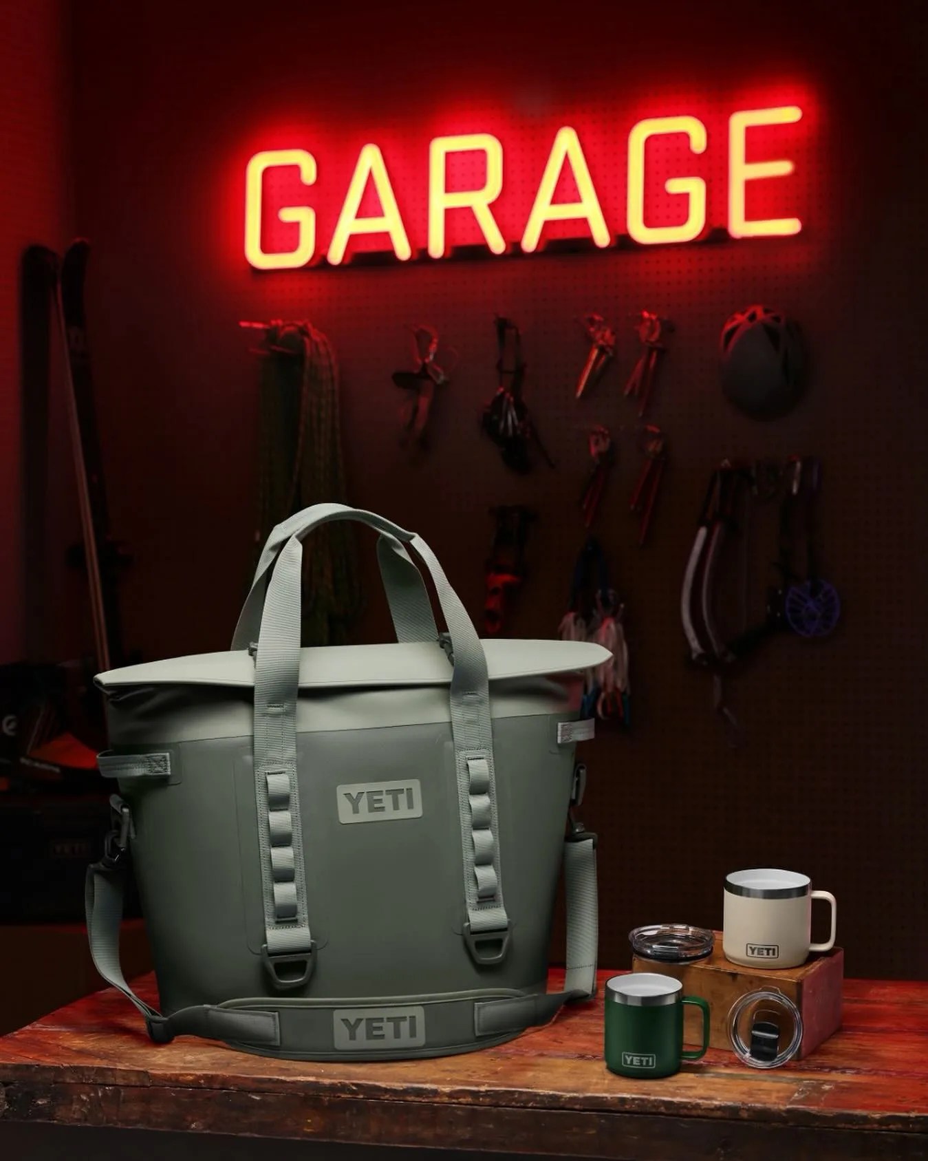 Yeti coffee mugs and a bag
