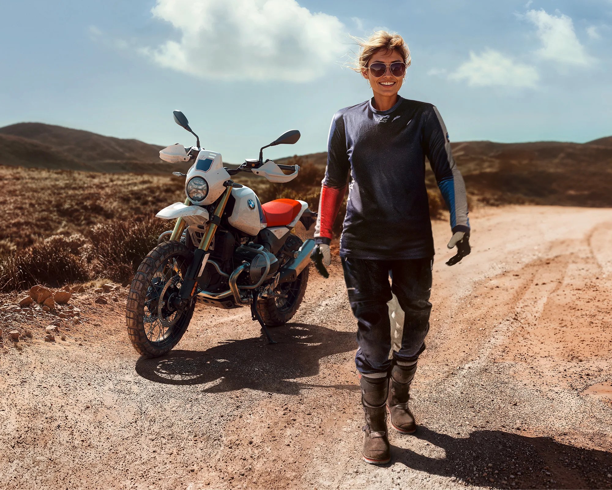 2026 BMW R 12 G/S motorcycle in desert next to rider