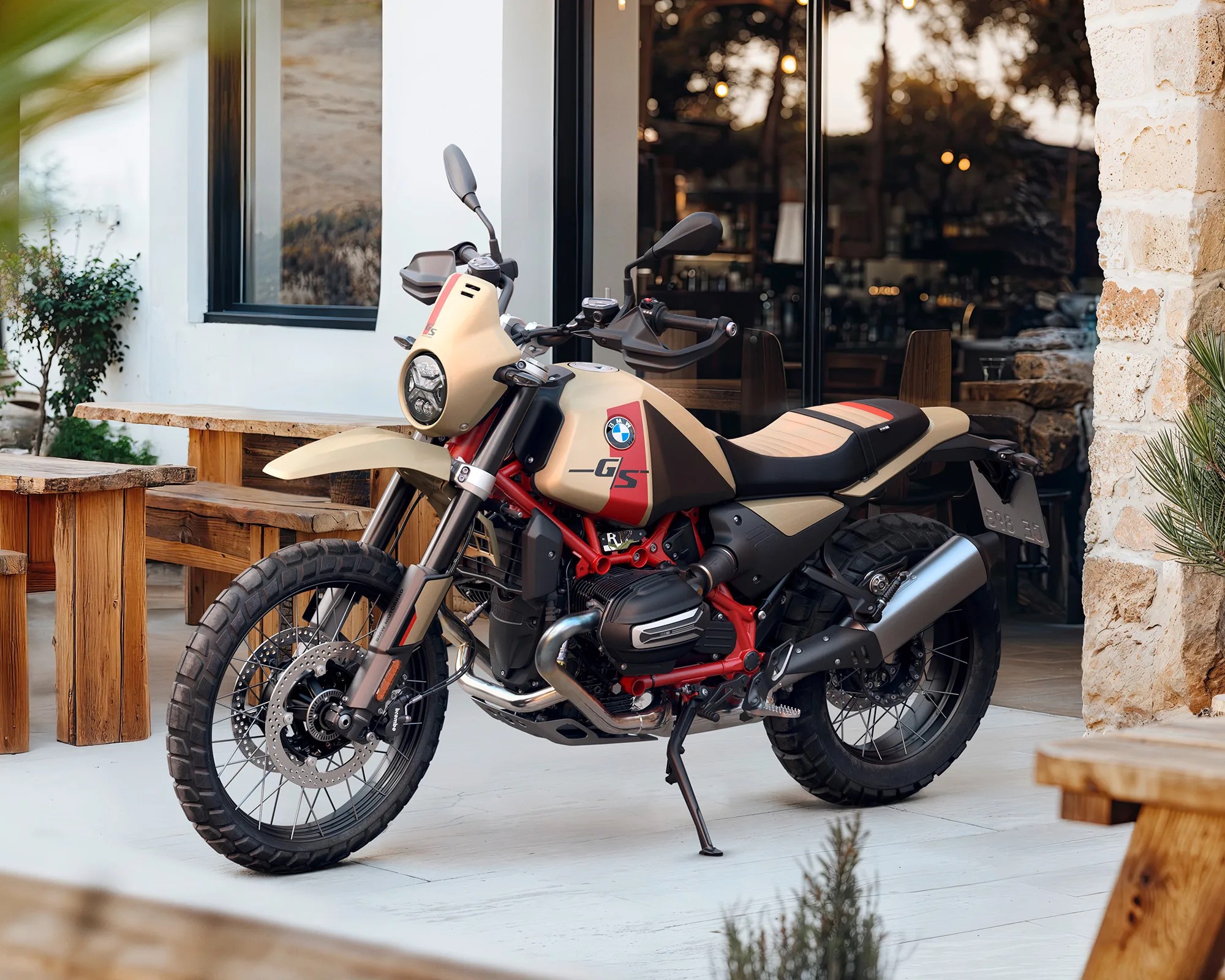 2026 BMW R 12 G/S motorcycle parked in front of cafe
