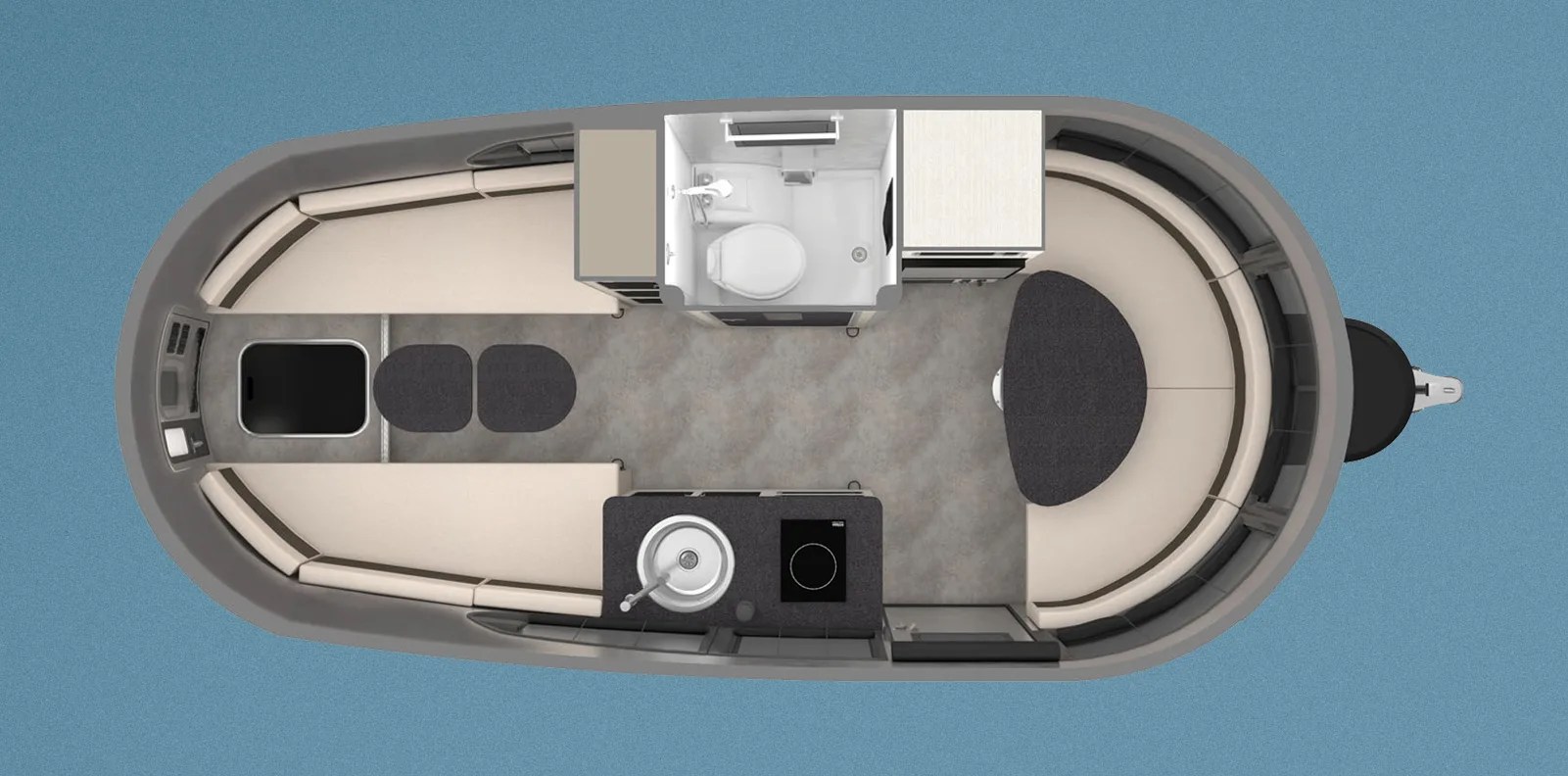 A gods-eye rendering of the interior cabin setup of the Airstream Basecamp Xe adventure trailer