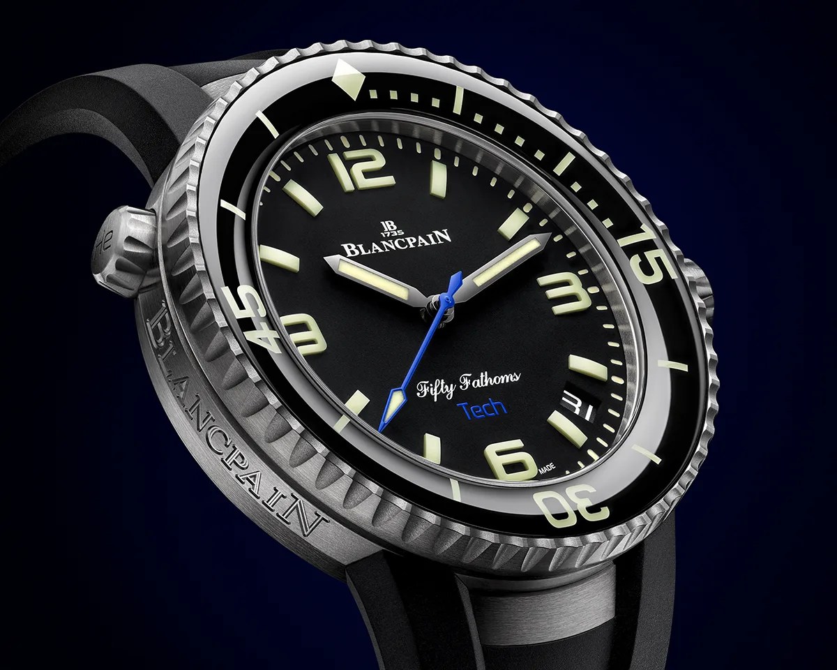 Closeup of Blancpain Fifty Fathoms Tech Ocean Commitment IV watch dial