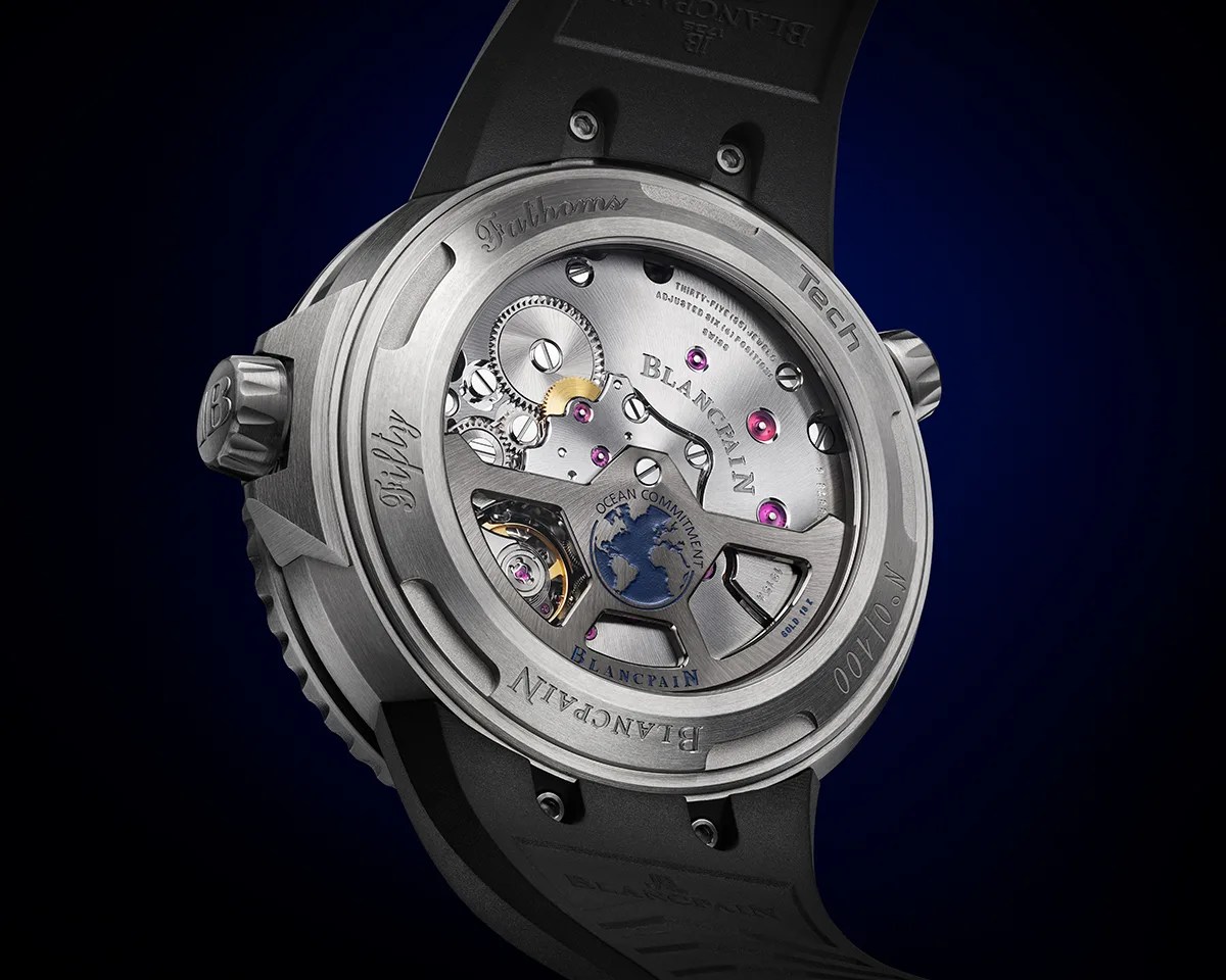 Closeup of Blancpain Fifty Fathoms Tech Ocean Commitment IV watch caseback