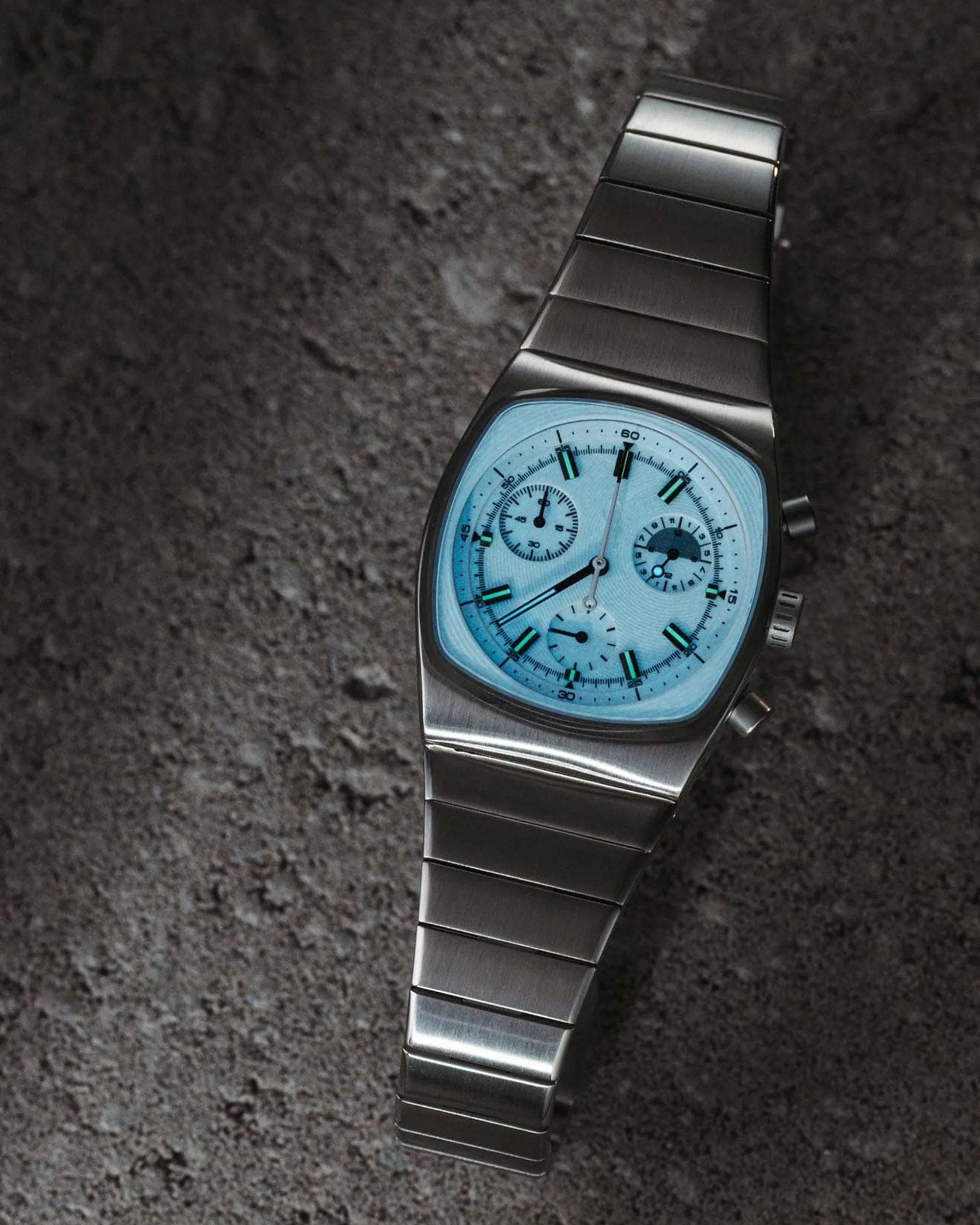 Brew x Worn and Wound Metric Chrono Regulator Lumint watch on cement