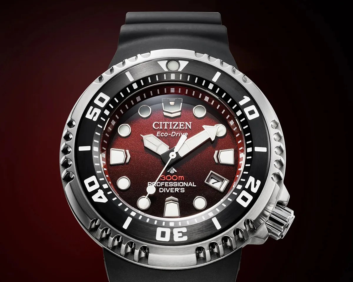 Citizen Eco-Drive Professional Diver 300m watch on red-black background