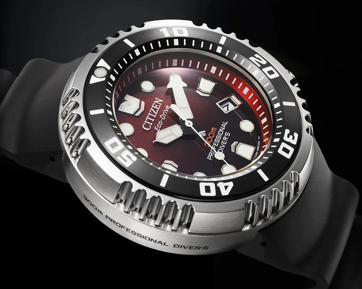 Citizen Eco-Drive Professional Diver 300m watch on red-black background