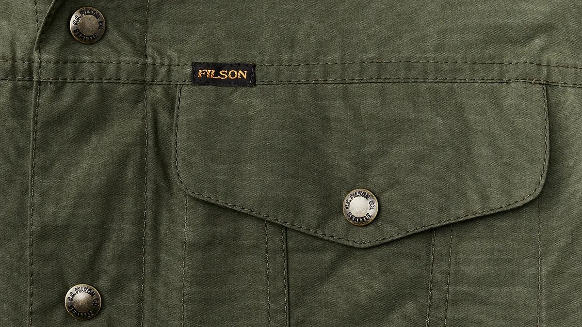 Closeup of Filson Ranger Short Cruiser Jacket breast pocket