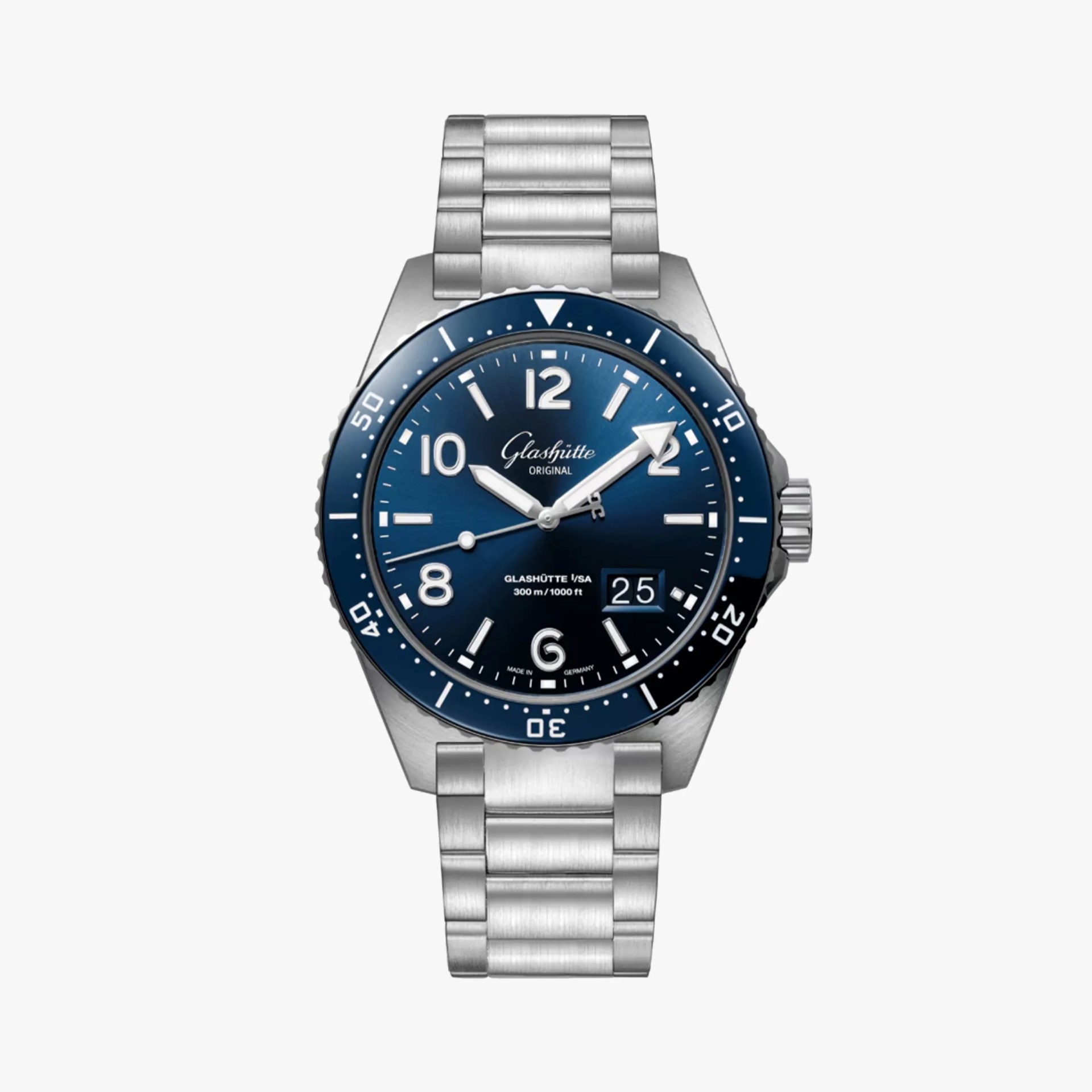 a steel dive watch with a blue dial and bezel