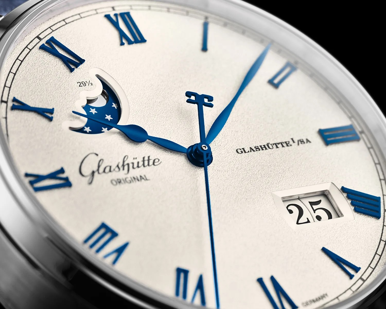 a closeup of a glashutte original dress watch dial