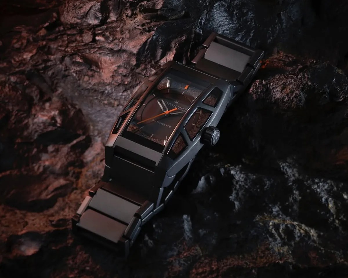 Hamilton American Classic Boulton Death Stranding 2 Limited Edition watch on obsidian background