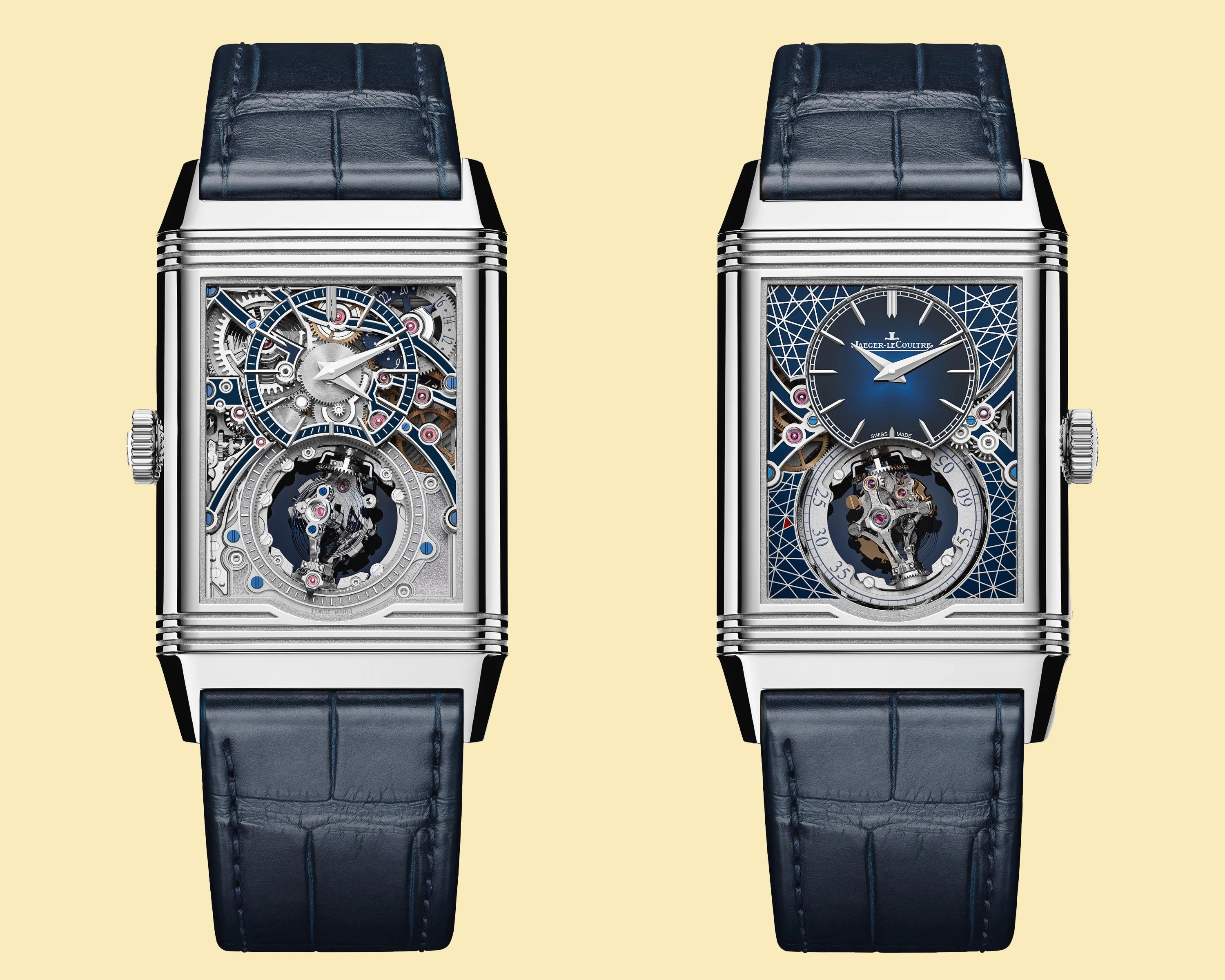 the back and front of a reversible rectangular skeletonized Jaeger LeCoultre watch