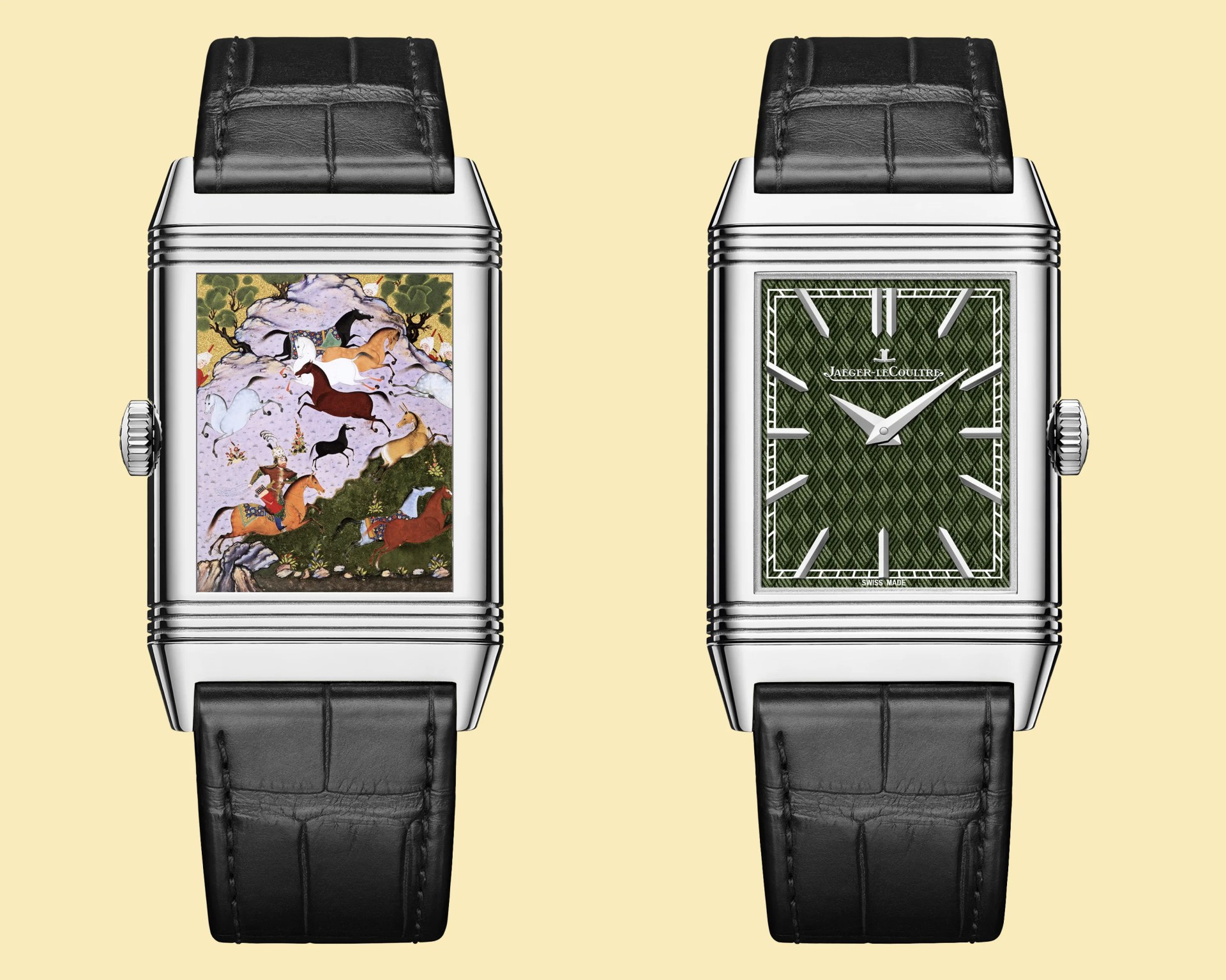 the back and front of a rectangular reversible Jaeger LeCoultre watch