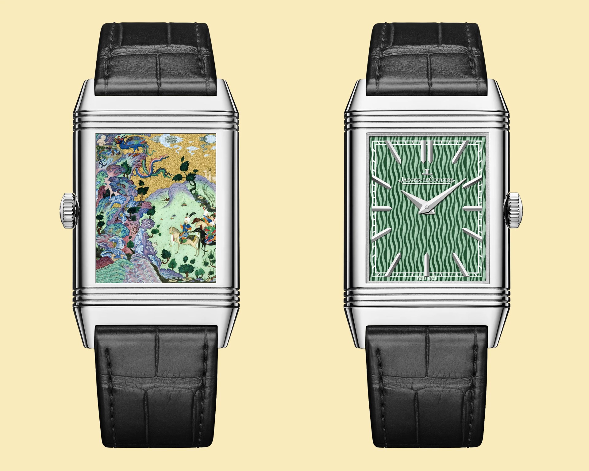 the front and back of a reversible rectangular Jaeger LeCoultre watch