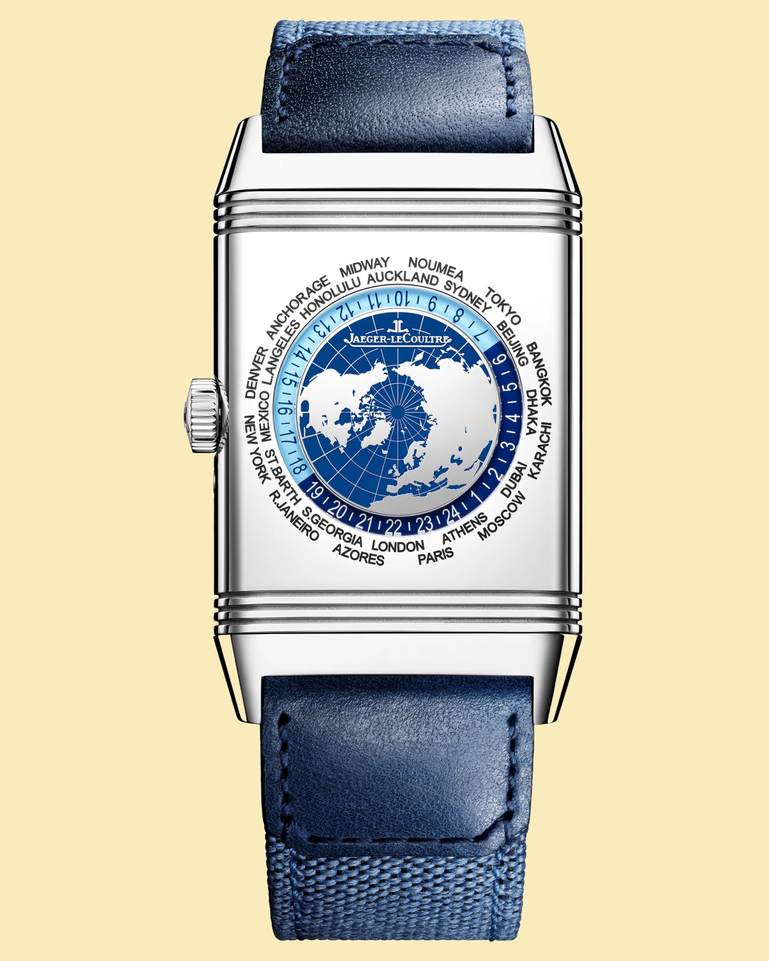 a world time dial on a rectangular watch