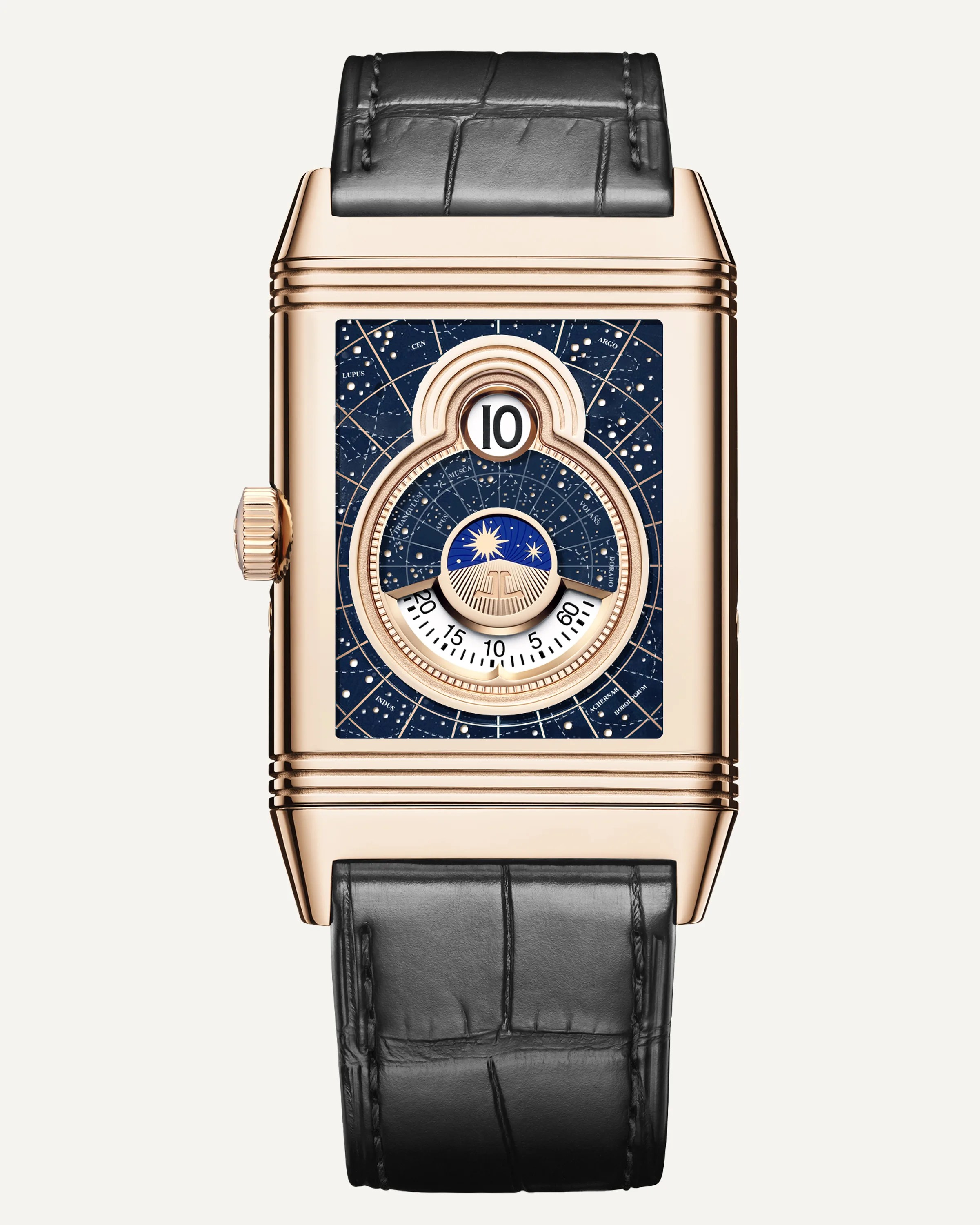 a rectangular watch with a celestial jump time dial
