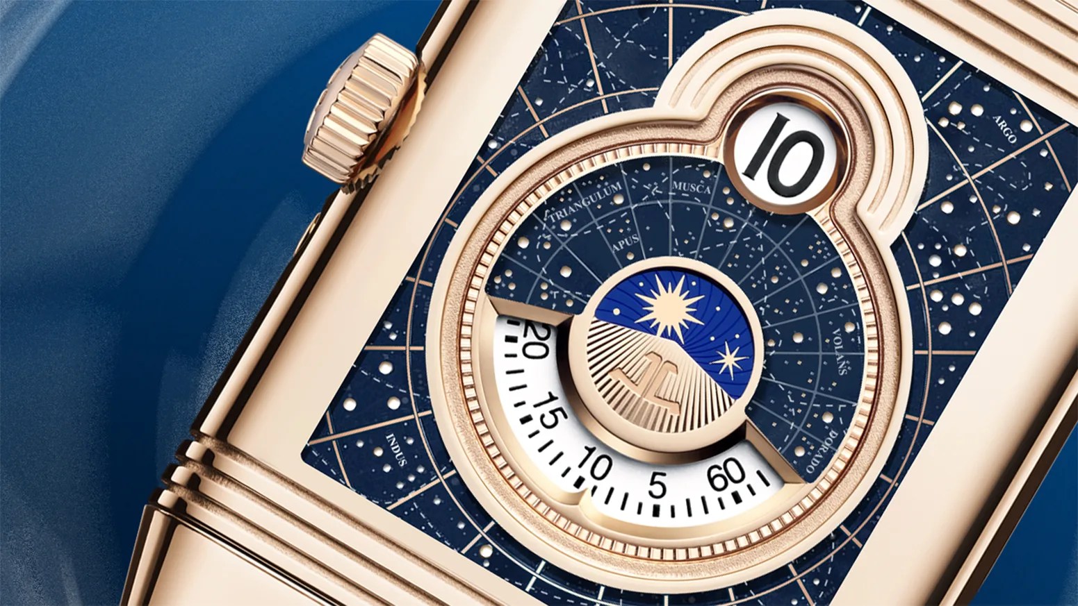a rectangular Jaeger LeCoultre watch dial with stars and a jump time