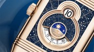 a rectangular Jaeger LeCoultre watch dial with stars and a jump time