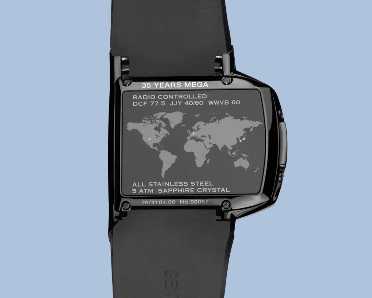 Junghans Mega Futura caseback on blue background