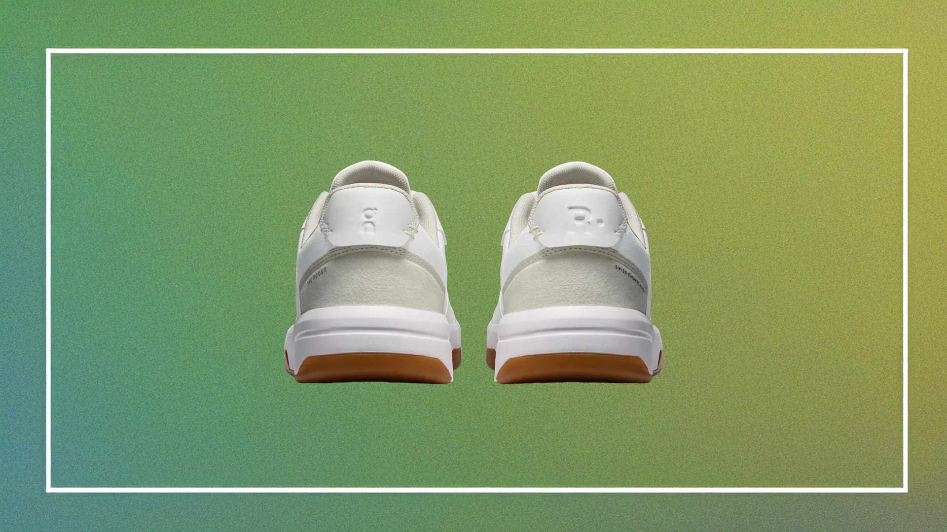A view of the heels of a pair of On Running The ROGER Clubhouse sneakers against a green and yellow gradient with a tennis court pattern
